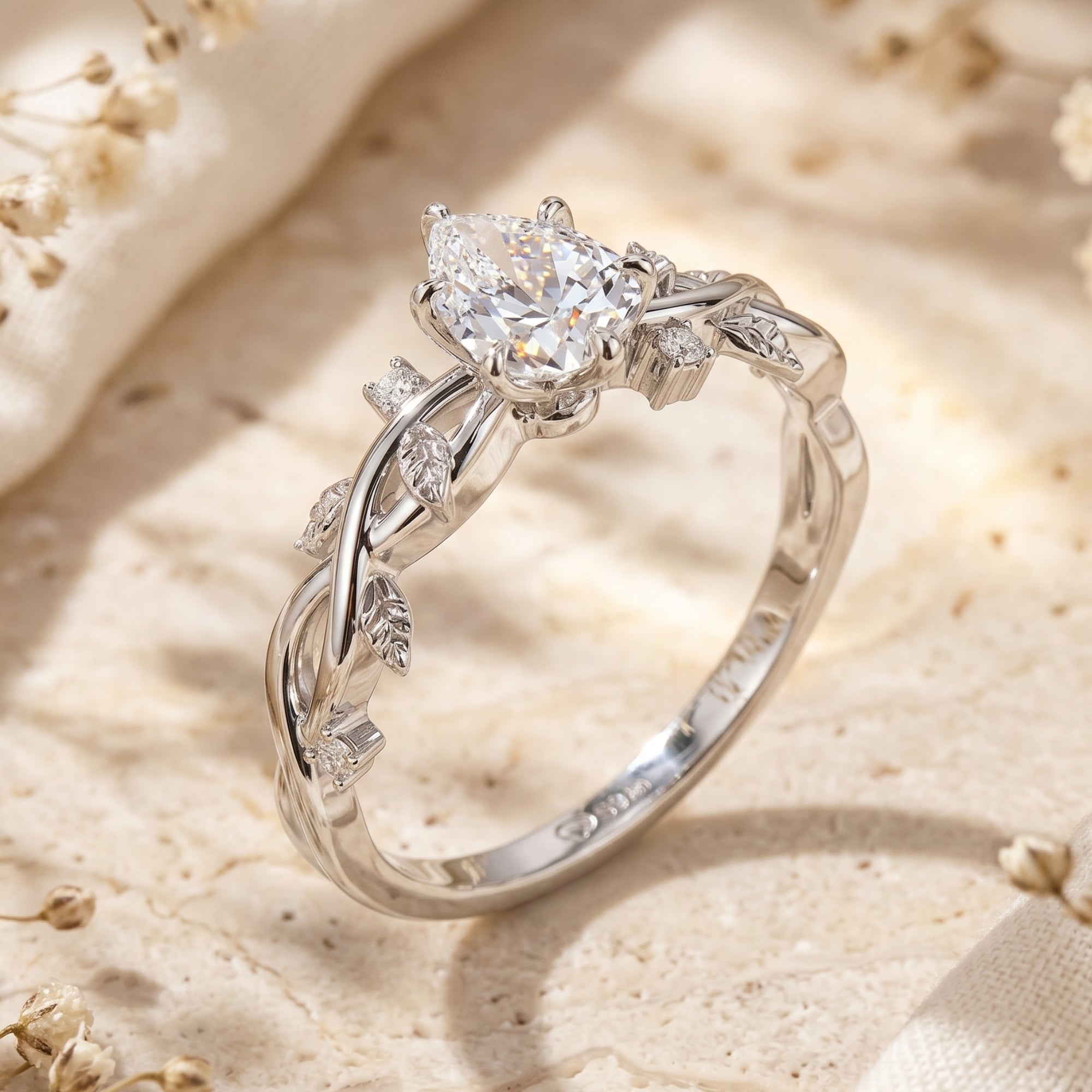 Close-up of silver Lysandria ring featuring a pear cut moissanite and leaf vine band.