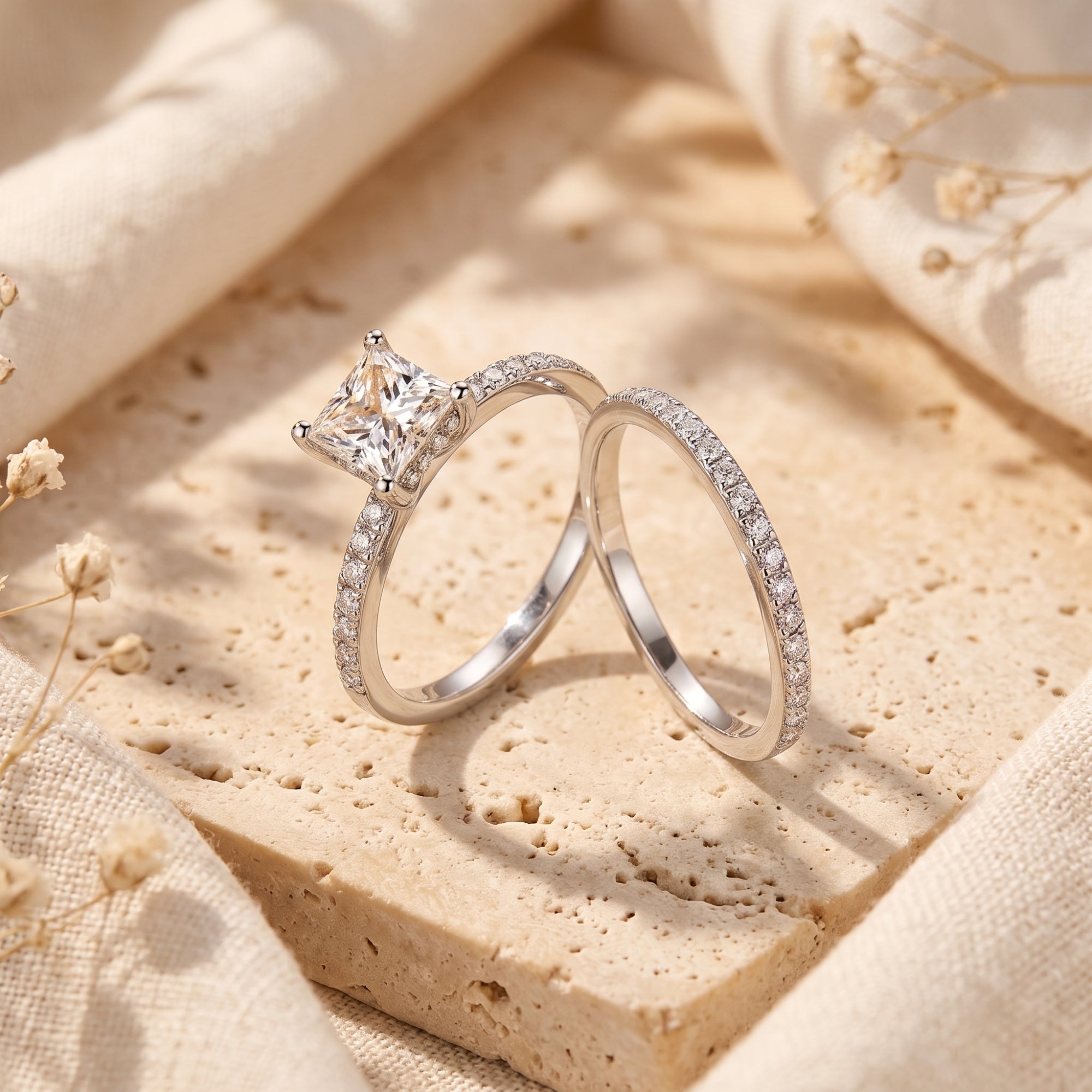 Close-up of the Alaricia sterling silver ring set showing the four-prong square-cut simulated diamond setting.