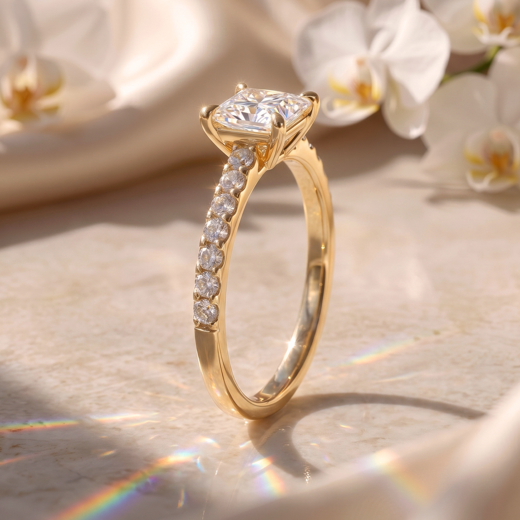 A side profile view of the yellow gold princess cut moissanite ring showing the intricate pavé band and under-rail details.