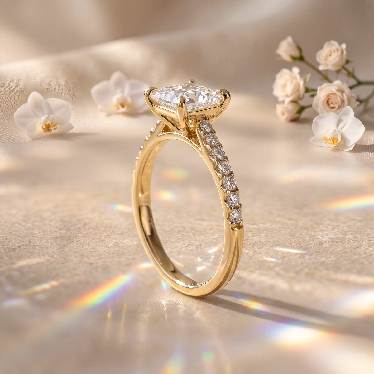 A side-profile view of a yellow gold engagement ring with a princess cut moissanite center stone and a diamond-embellished band.