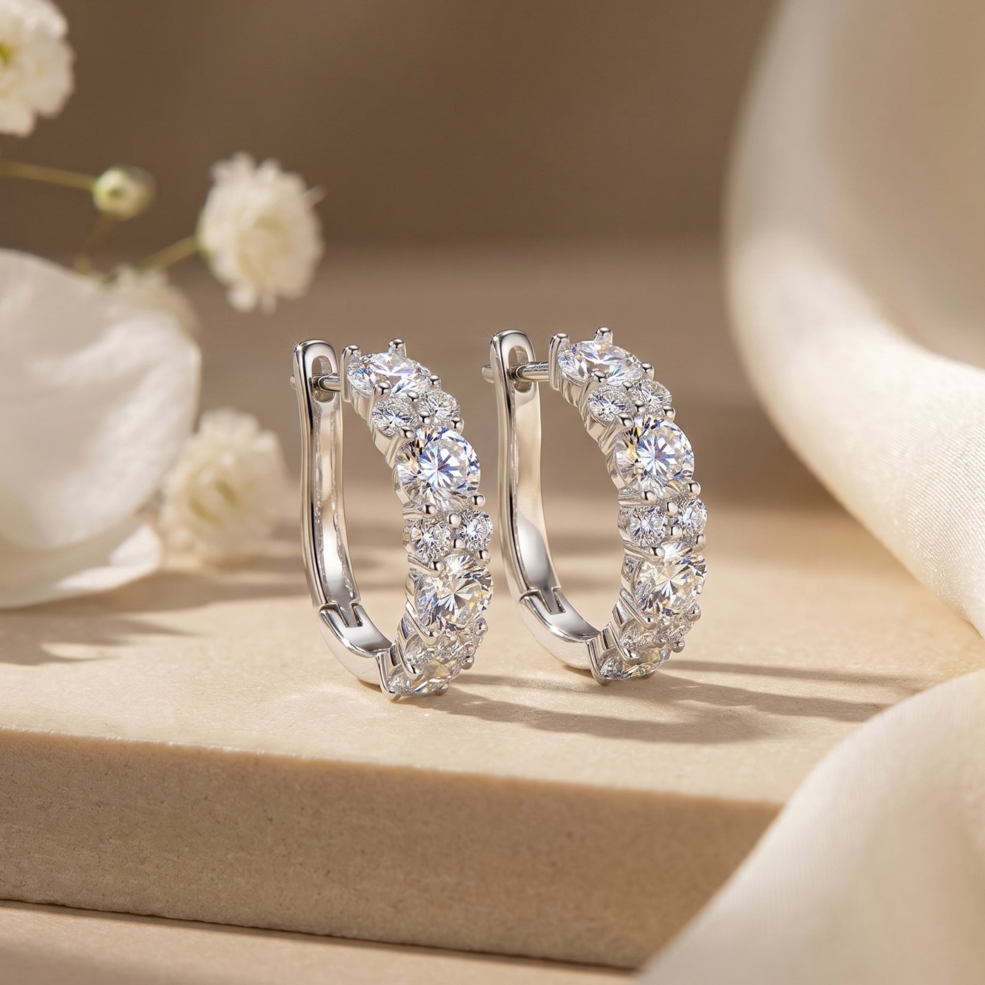 Silver moissanite hoop earrings with round stones on a stone surface.