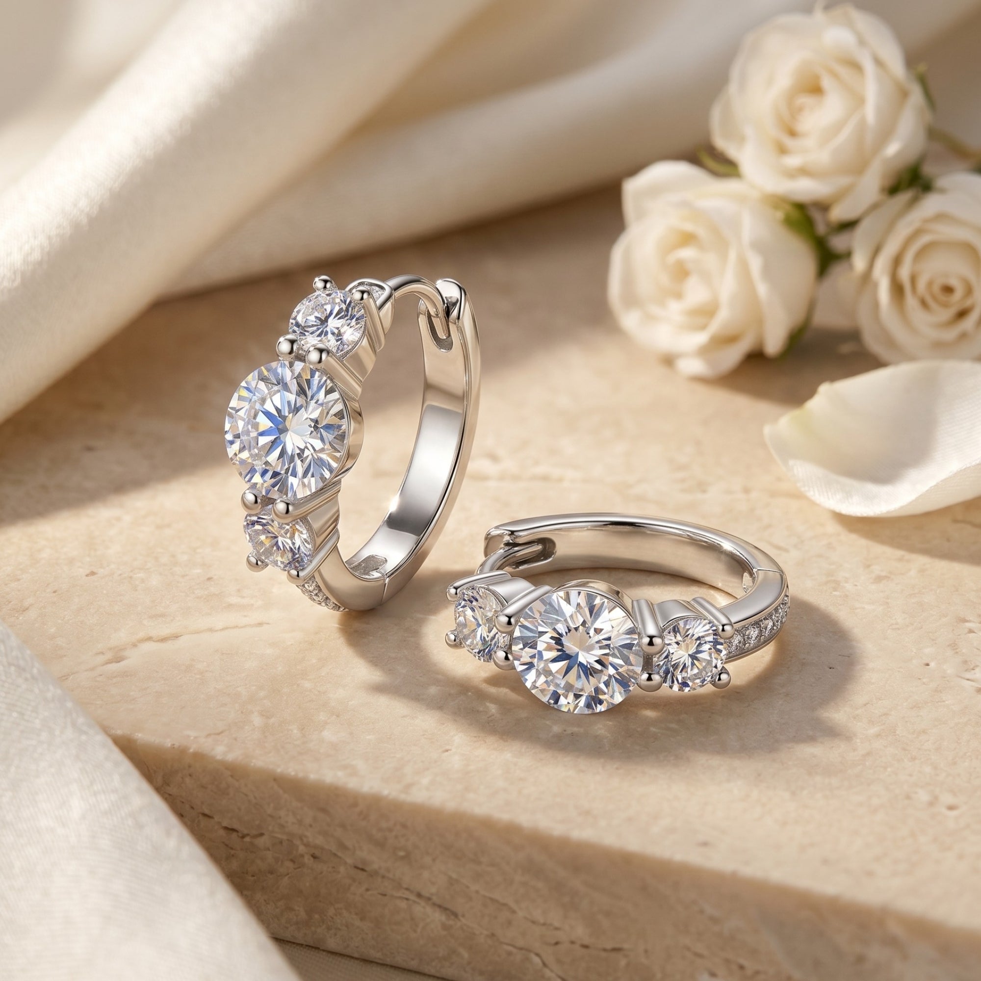 Silver moissanite hoop earrings with round-cut stones on a stone ledge.
