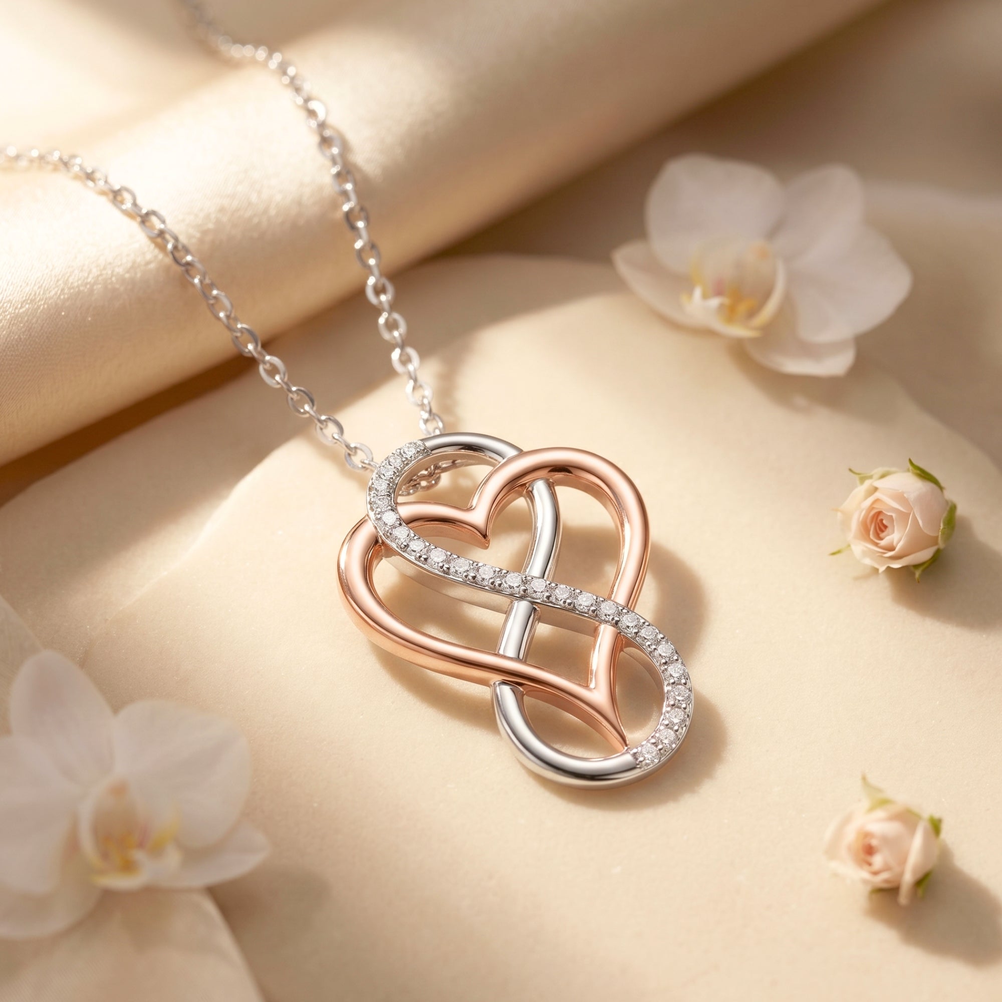 Close-up view of the infinity heart pendant and round moissanite stones in solid gold.