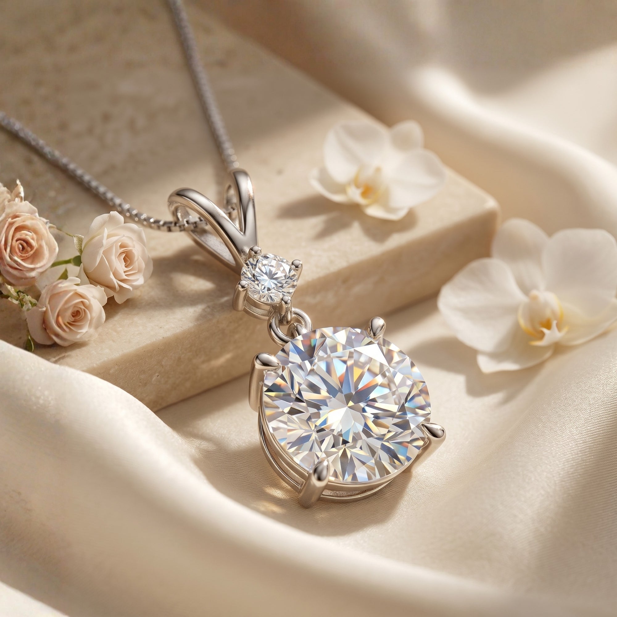 Close-up of a silver round cut moissanite pendant necklace resting on cream fabric with roses.