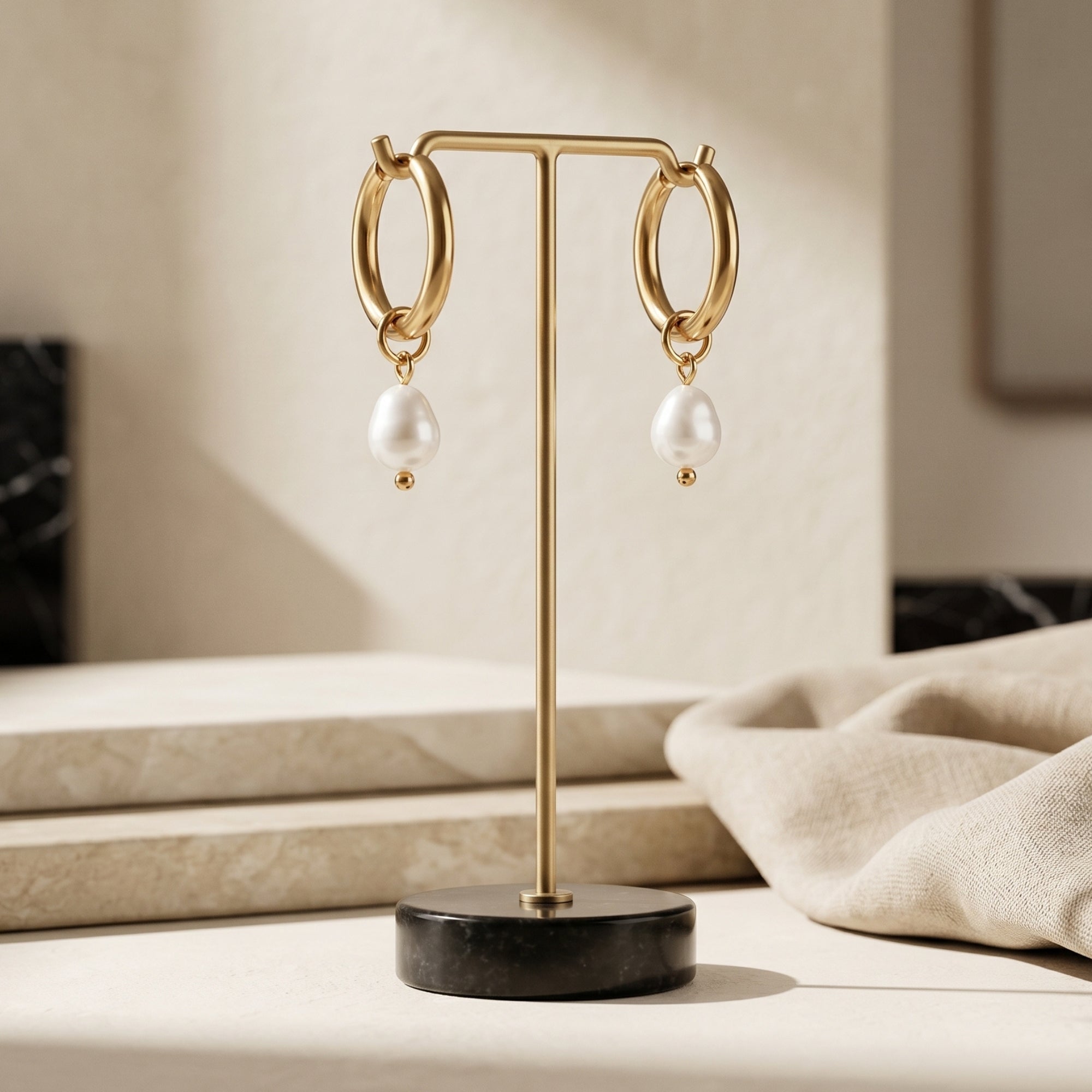 Gold hoop earrings with oval pearls on a T-stand.