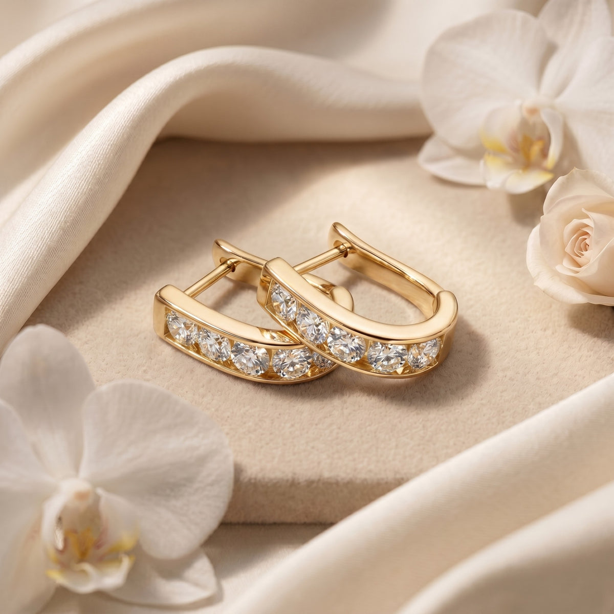 Gold moissanite hoop earrings with round stones displayed on a neutral stone background.