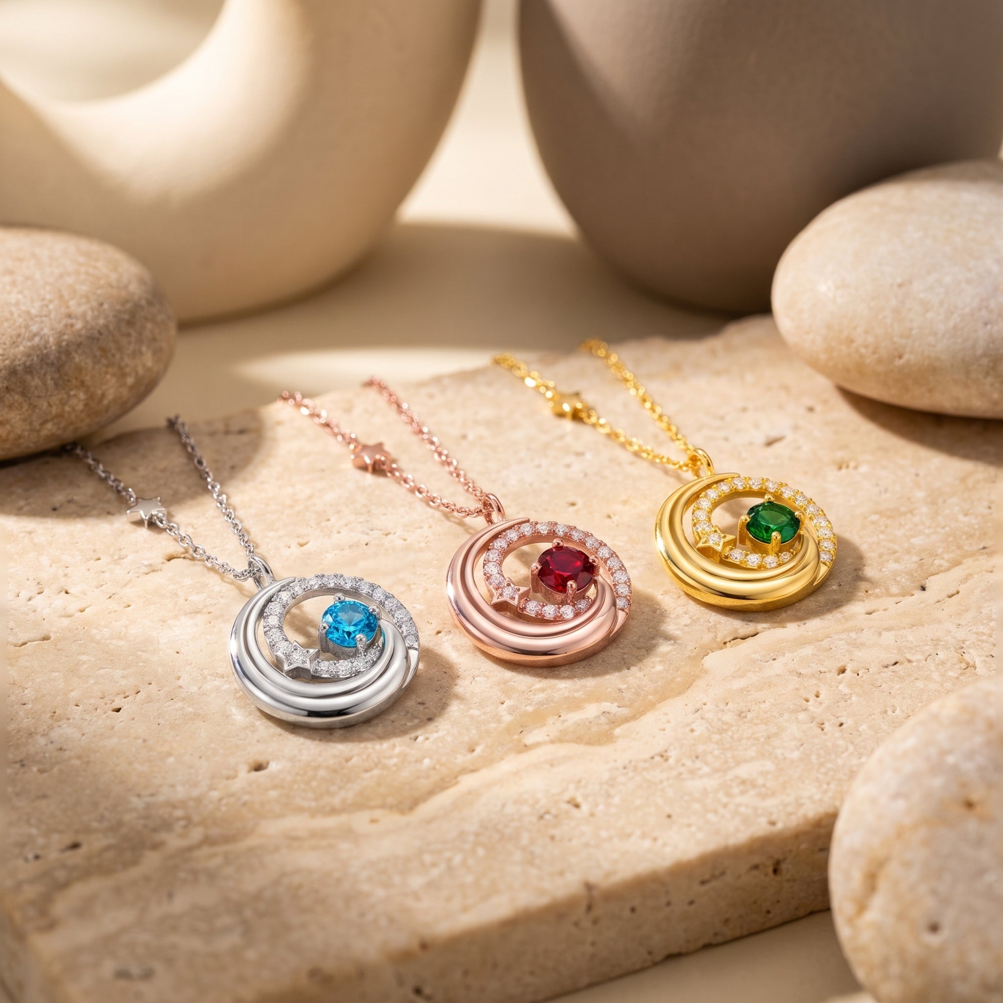 Solid gold crescent moon birthstone necklace with Zirconia stars, a celestial pendant.