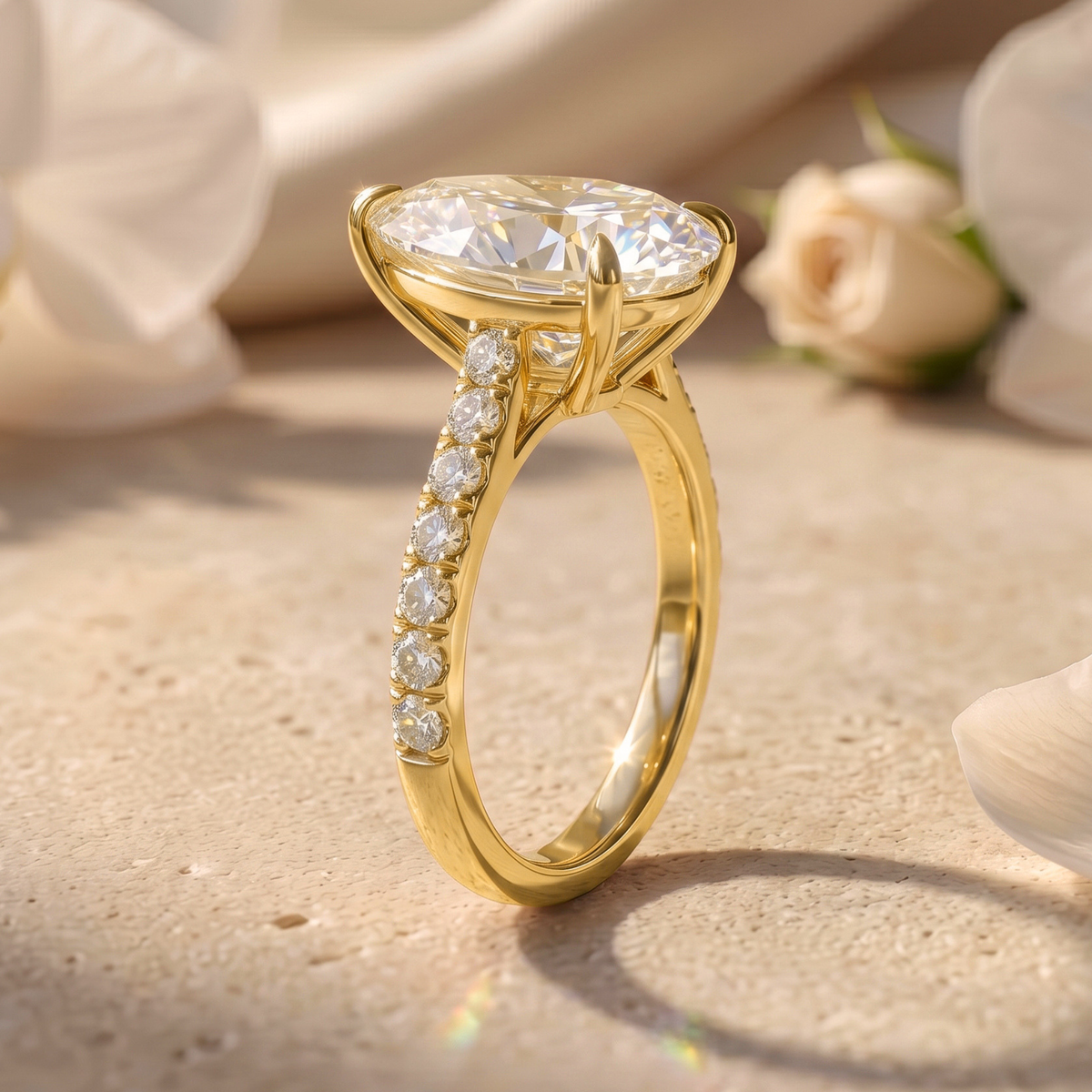 Profile view of a yellow gold pear-cut moissanite engagement ring showing the intricate setting and diamond-paved band.