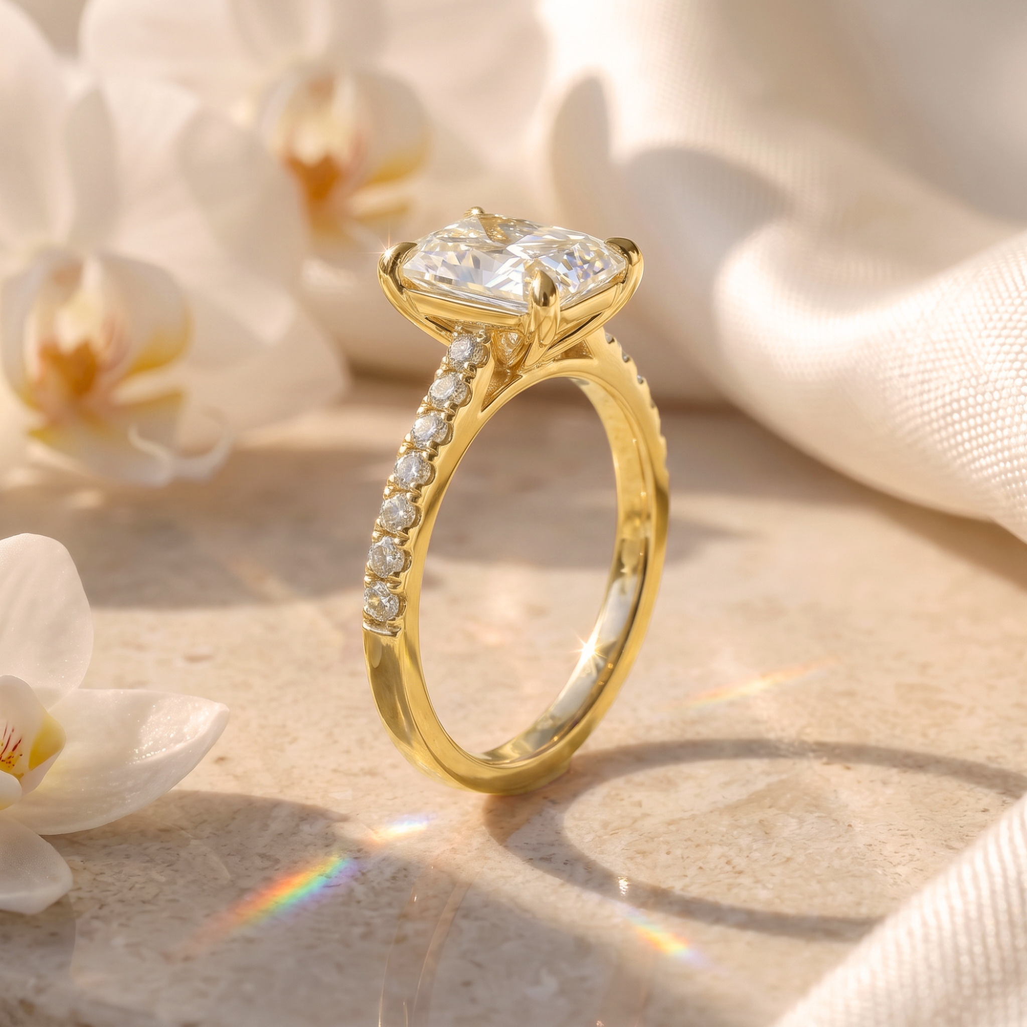A detailed profile view of a radiant cut moissanite engagement ring in yellow gold showcasing the cathedral setting and side accents.