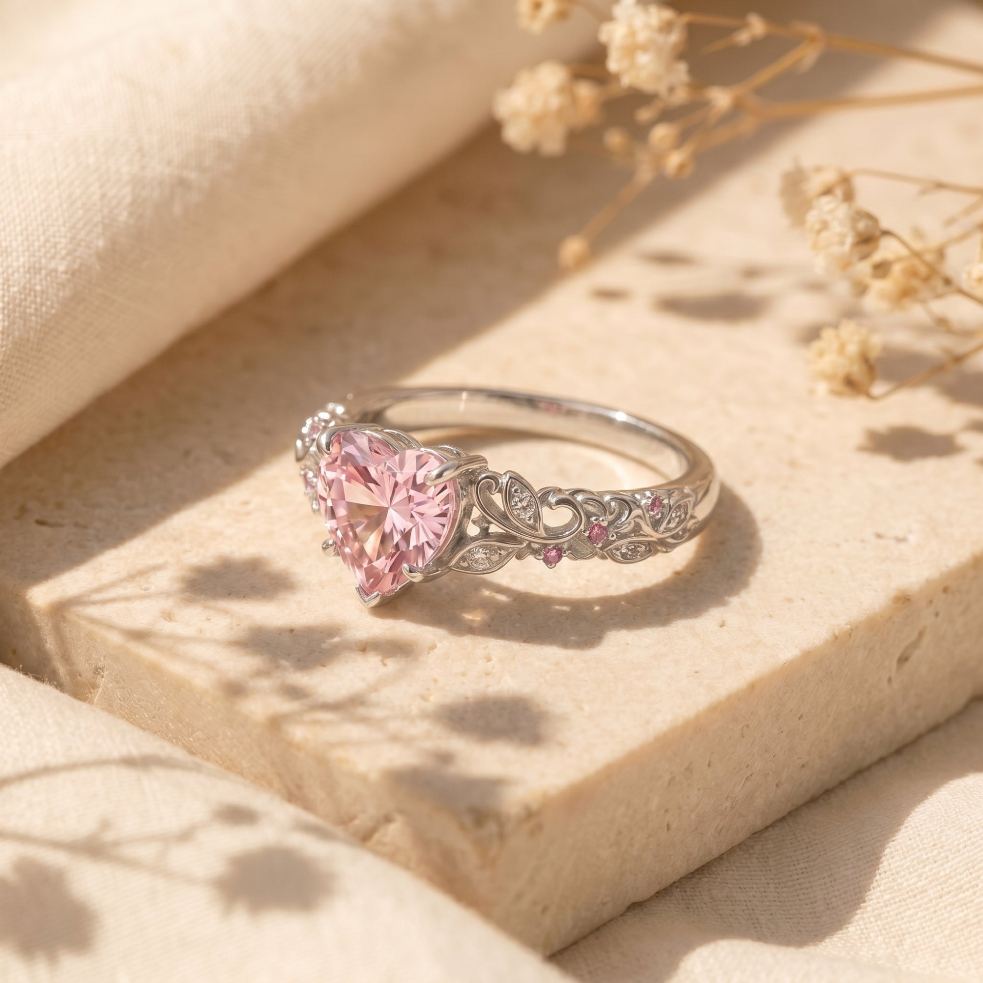 Side view of silver heart-cut pink diamond ring showing floral filigree.