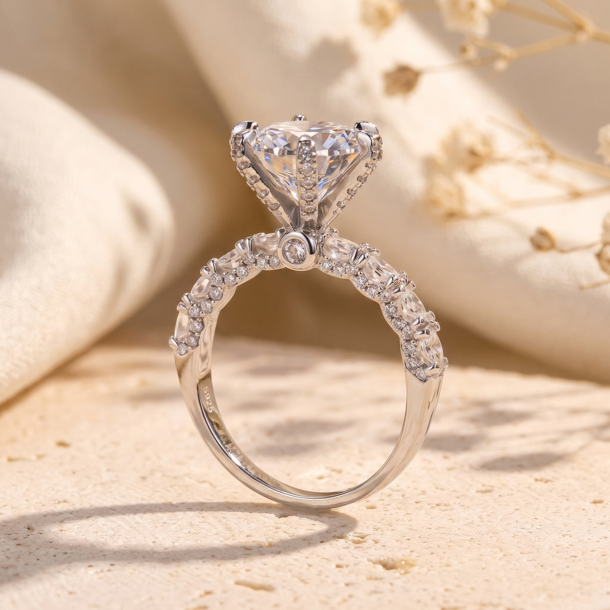 Side view of the S925 sterling silver Stella ring showing the low-profile cathedral setting.