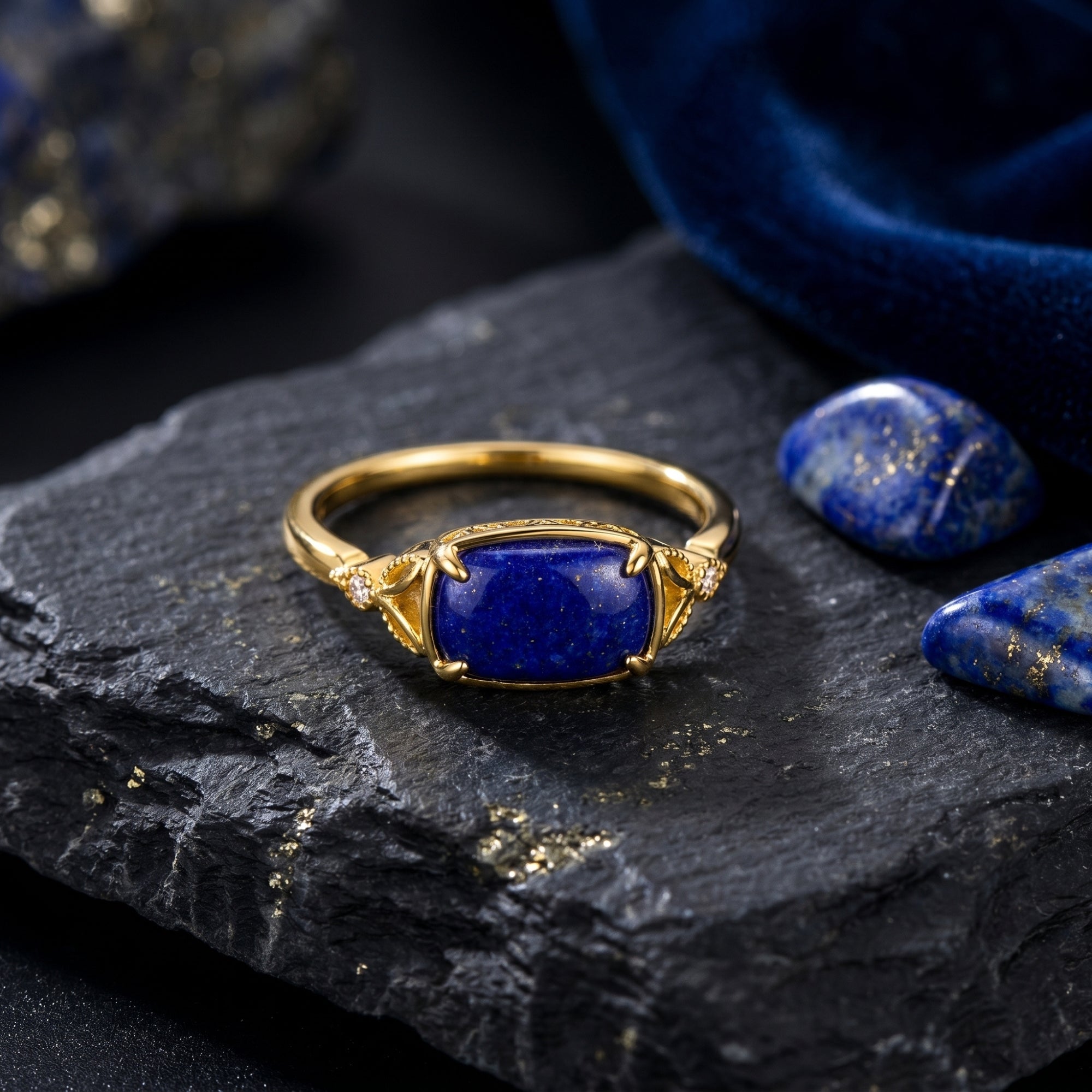 Close-up of the yellow gold Alexandria ring showing the rectangular natural lapis lazuli stone and ornate setting.