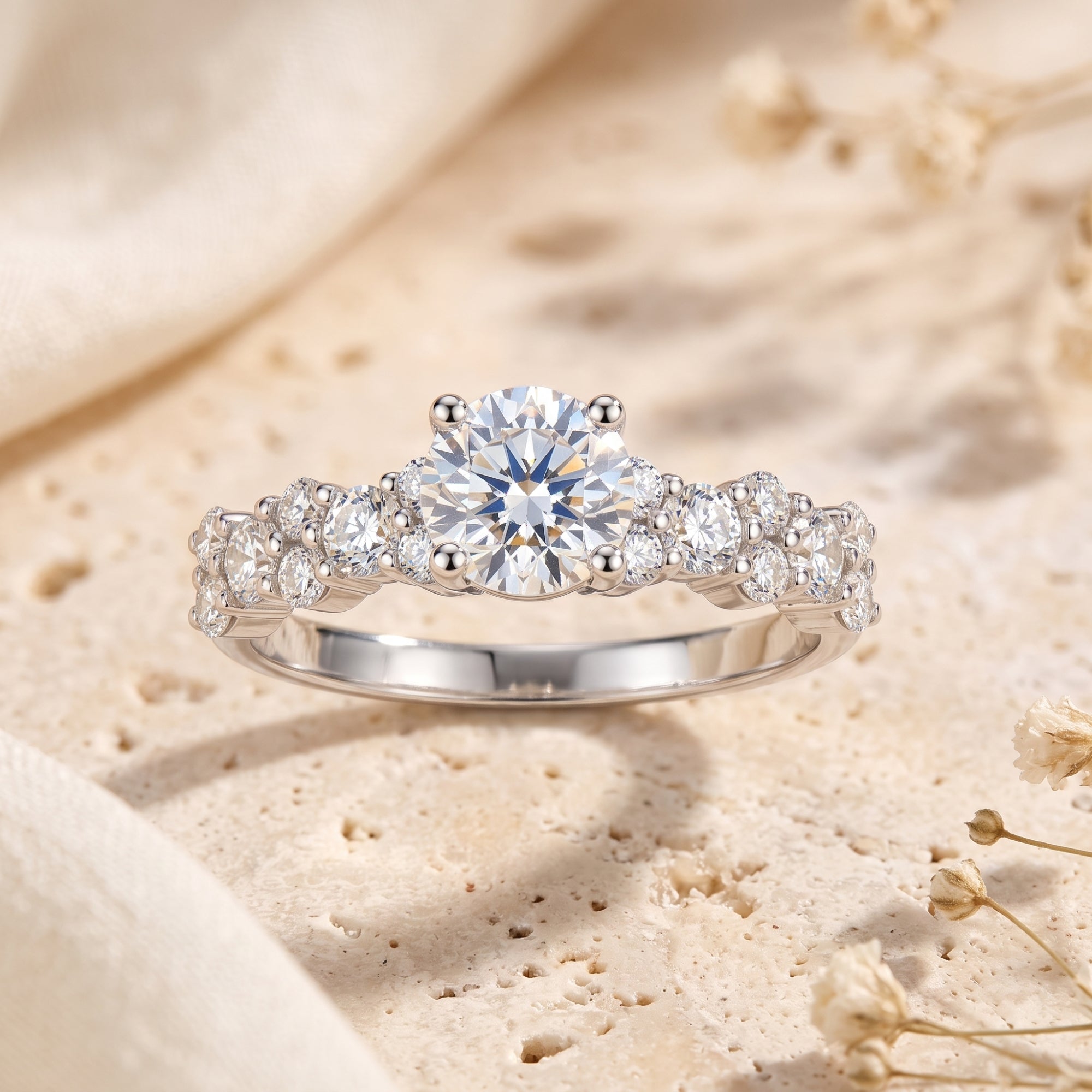 Front view of the Cassandra silver ring with round simulated diamond.