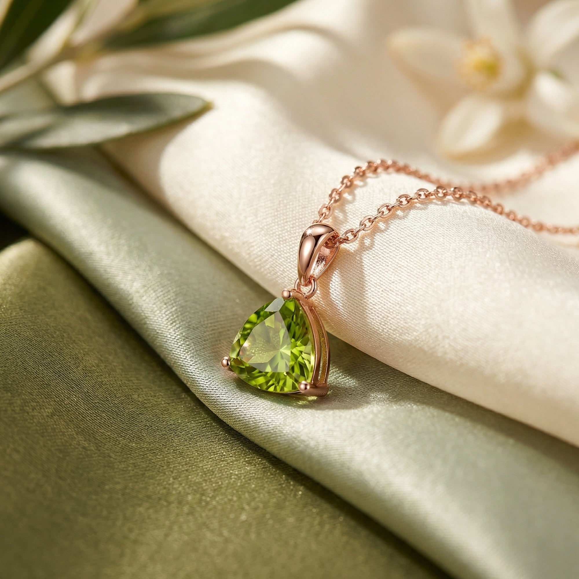 Close-up side view of the triangle cut peridot solitaire pendant in 18K rose gold vermeil on draped silk.