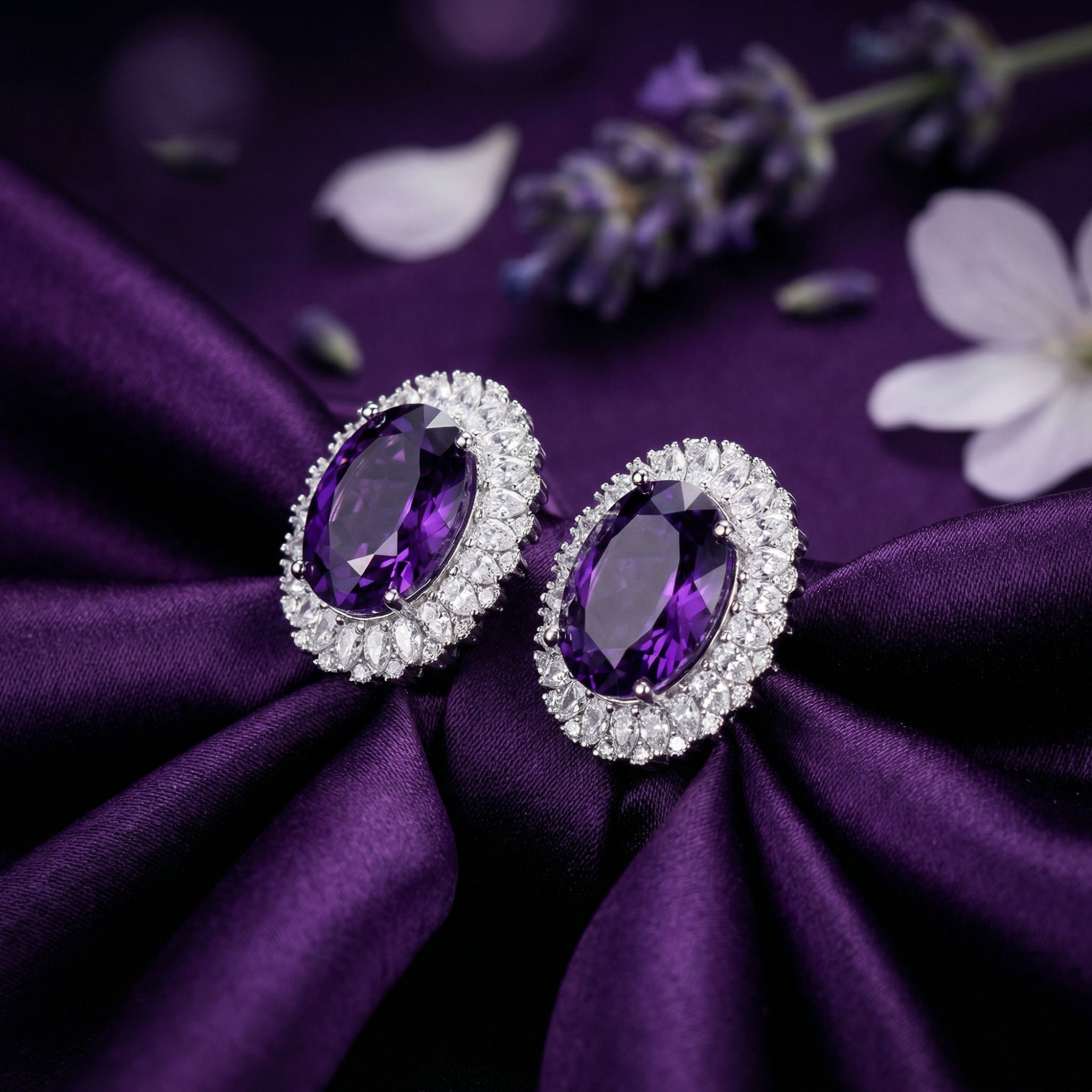 Macro view of the precision-faceted oval cut natural amethyst stones in a sterling silver halo setting.