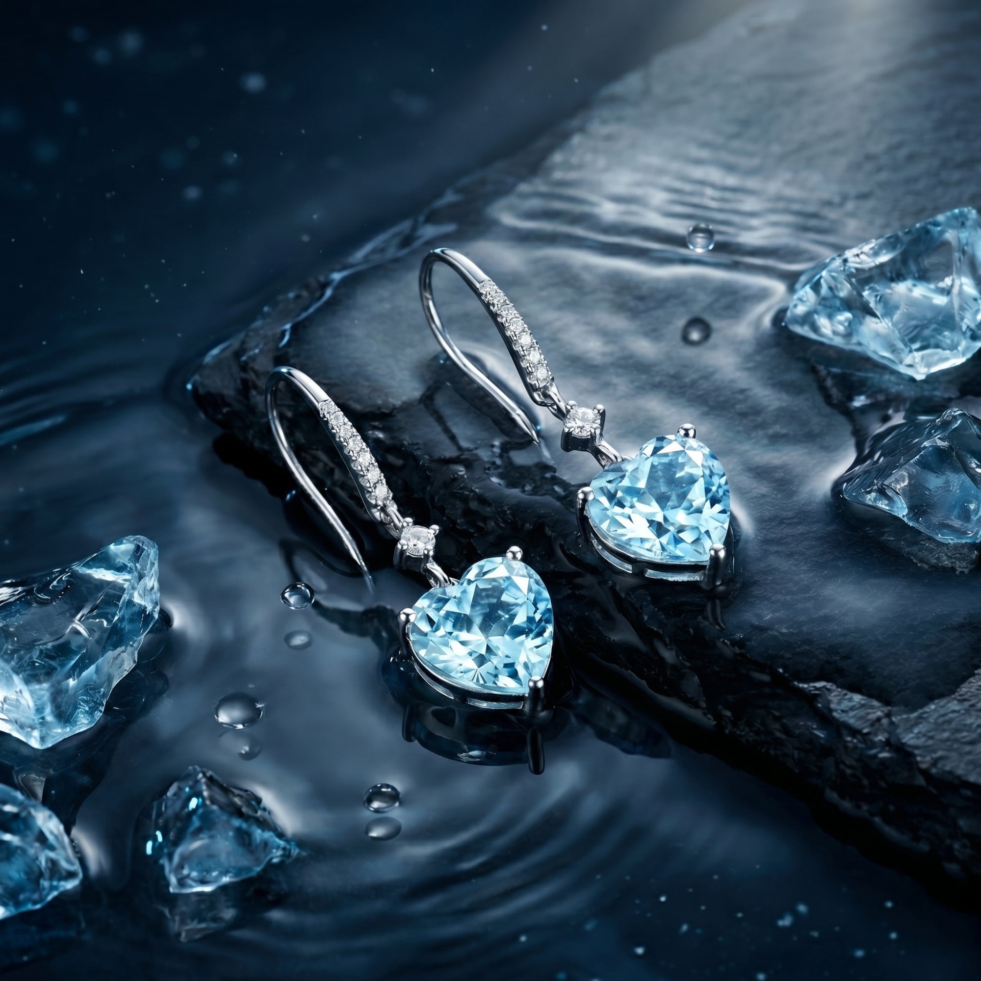 Close-up of heart cut aquamarine drop earrings with diamond accents in platinum on a wet surface.