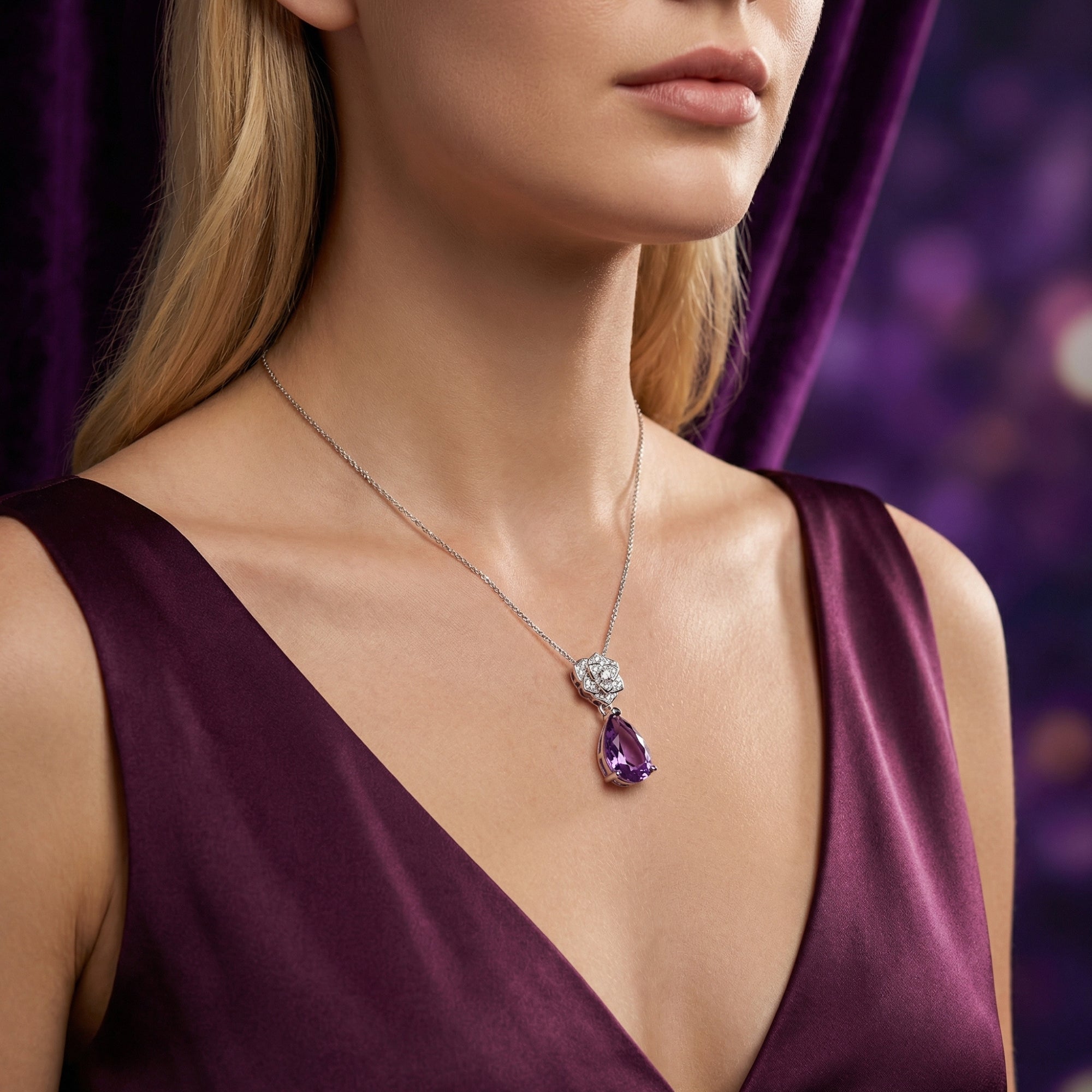 Side view of a model wearing the pear-cut amethyst and sterling silver pendant necklace.