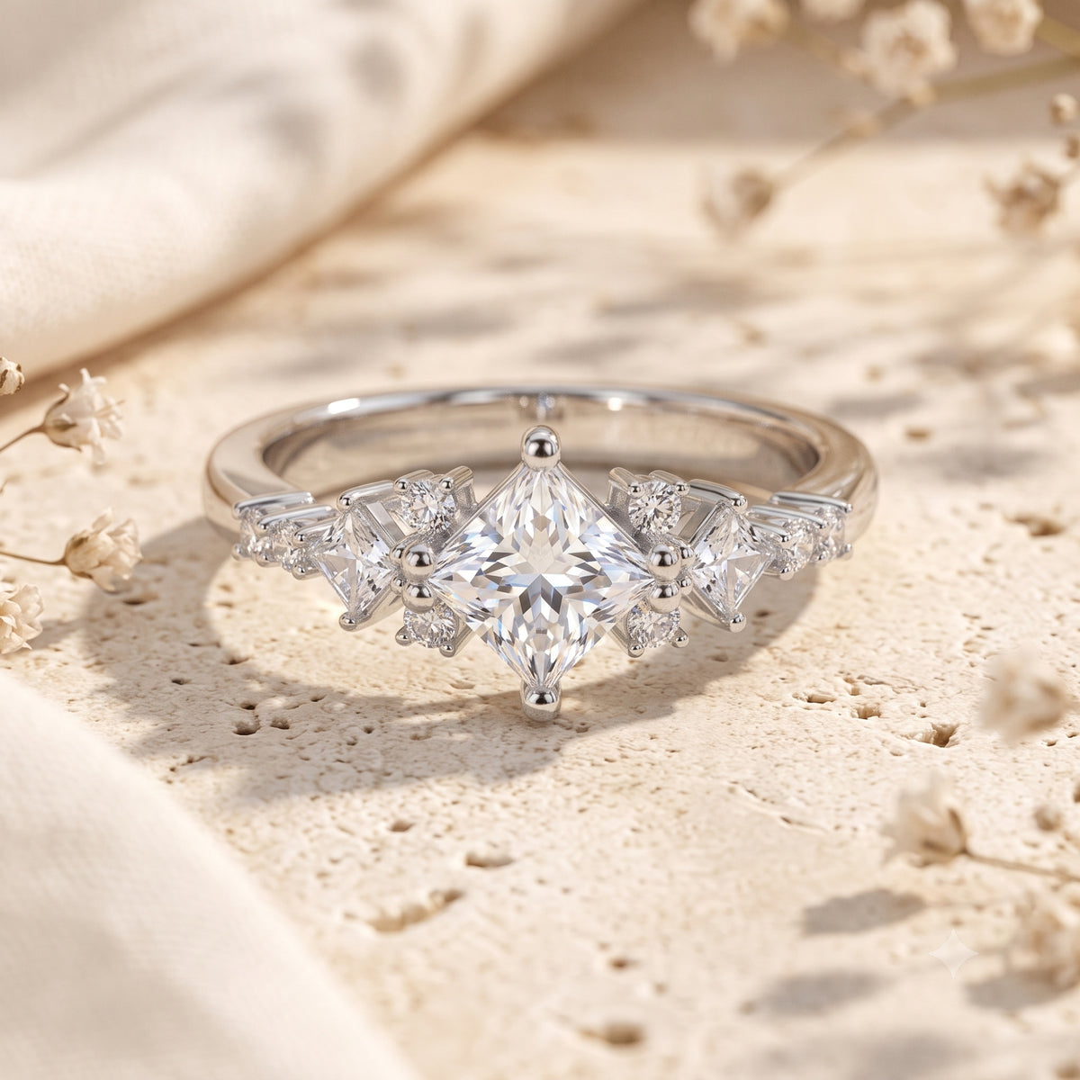 Front view of the Elestrina silver promise ring with princess-cut CZ on a stone surface.