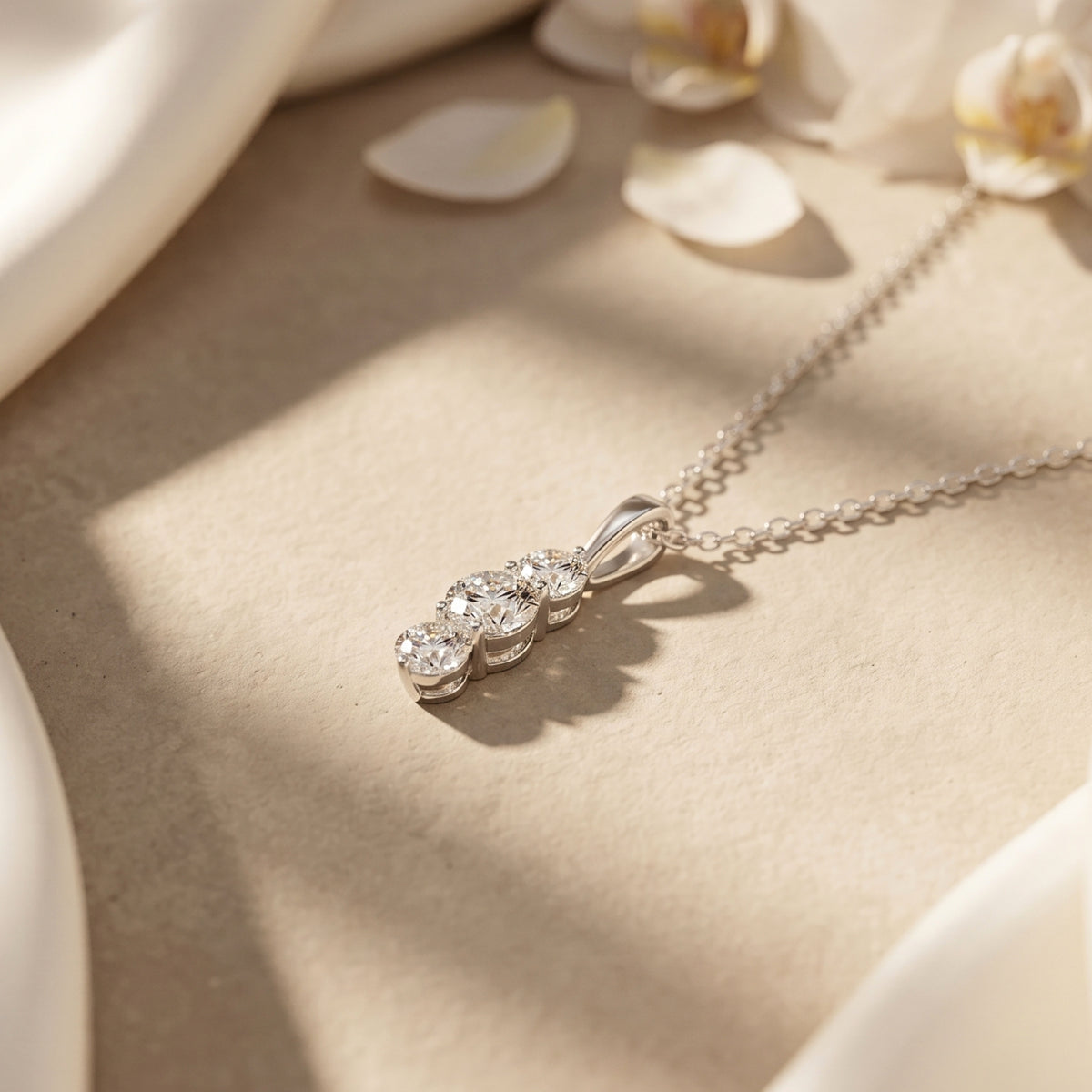 Close-up view of the Larisa moissanite pendant necklace with three round stones.