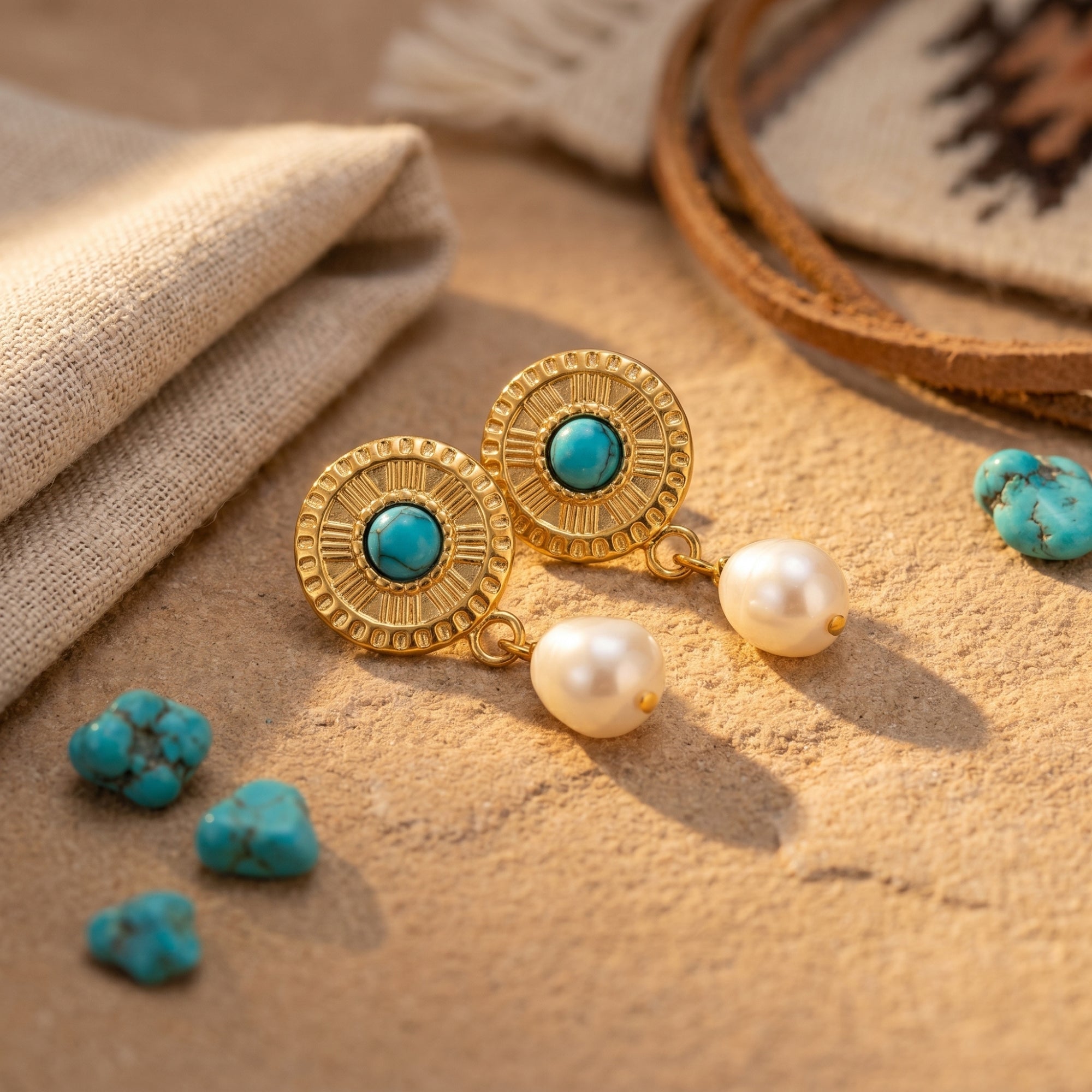 Detailed view of gold sunburst earrings featuring turquoise center stones and dangling white pearls.