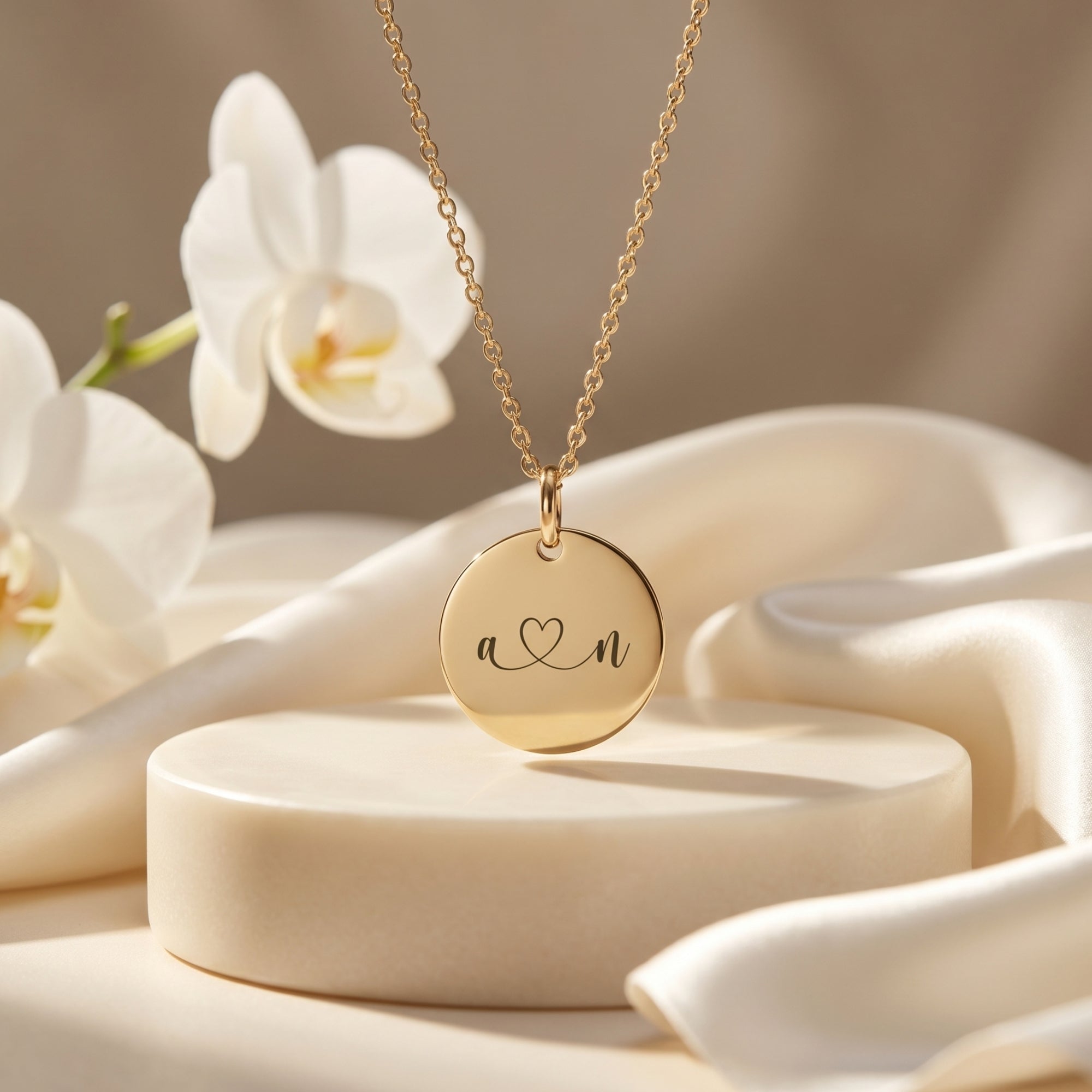 Detail of gold Eloise necklace with custom heart engraving on a studio pedestal.