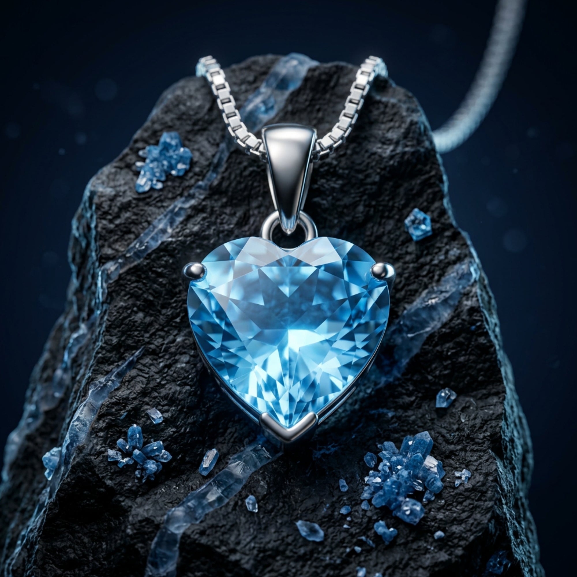Close-up of the heart-cut natural blue topaz pendant in white gold, showing its brilliant facets.