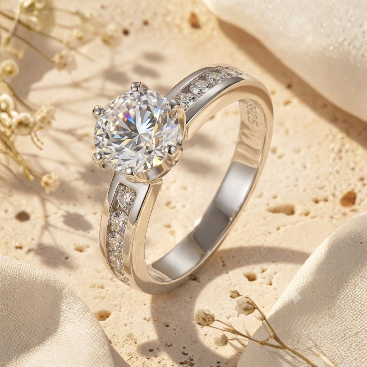 Angled view of the silver solitaire ring with channel-set side stones and six-prong crown setting.