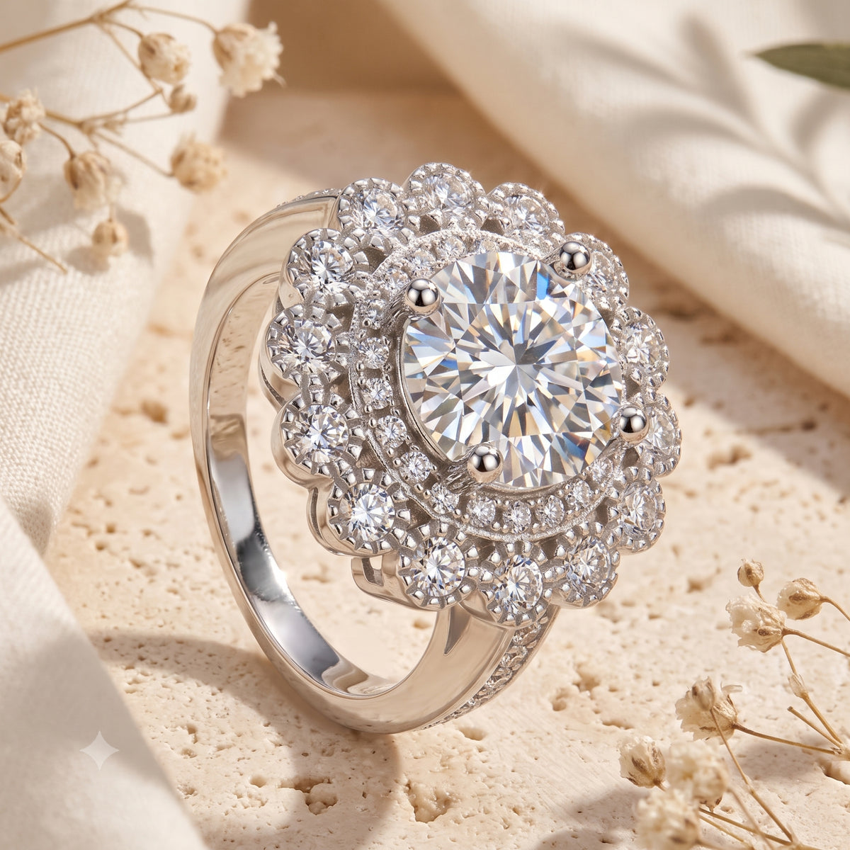 Close-up angled view of the sterling silver Elysetta ring showing the round simulated diamond and halo.