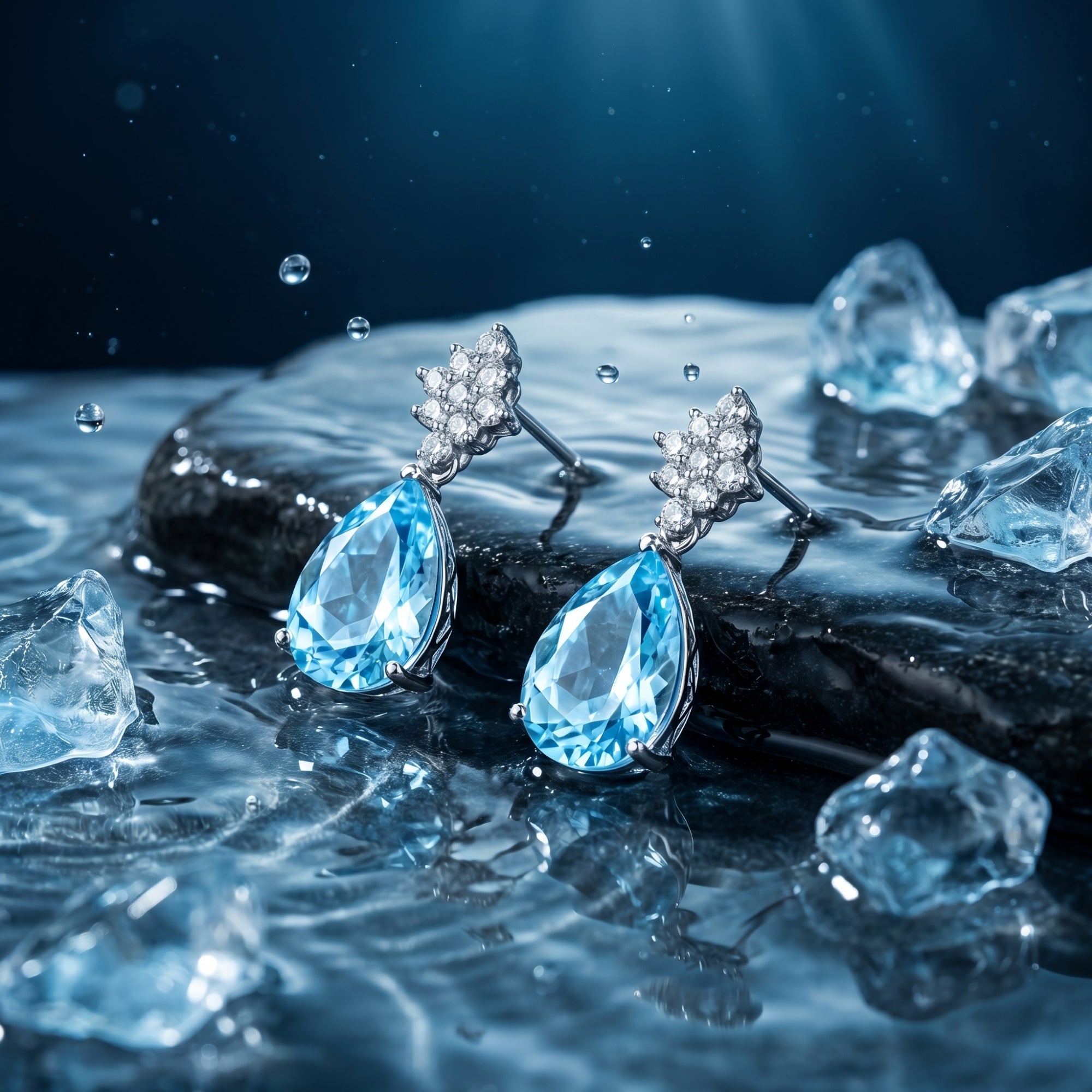 Macro view of pear cut aquamarine drop earrings in platinum, showing the side profile and diamond cluster top.