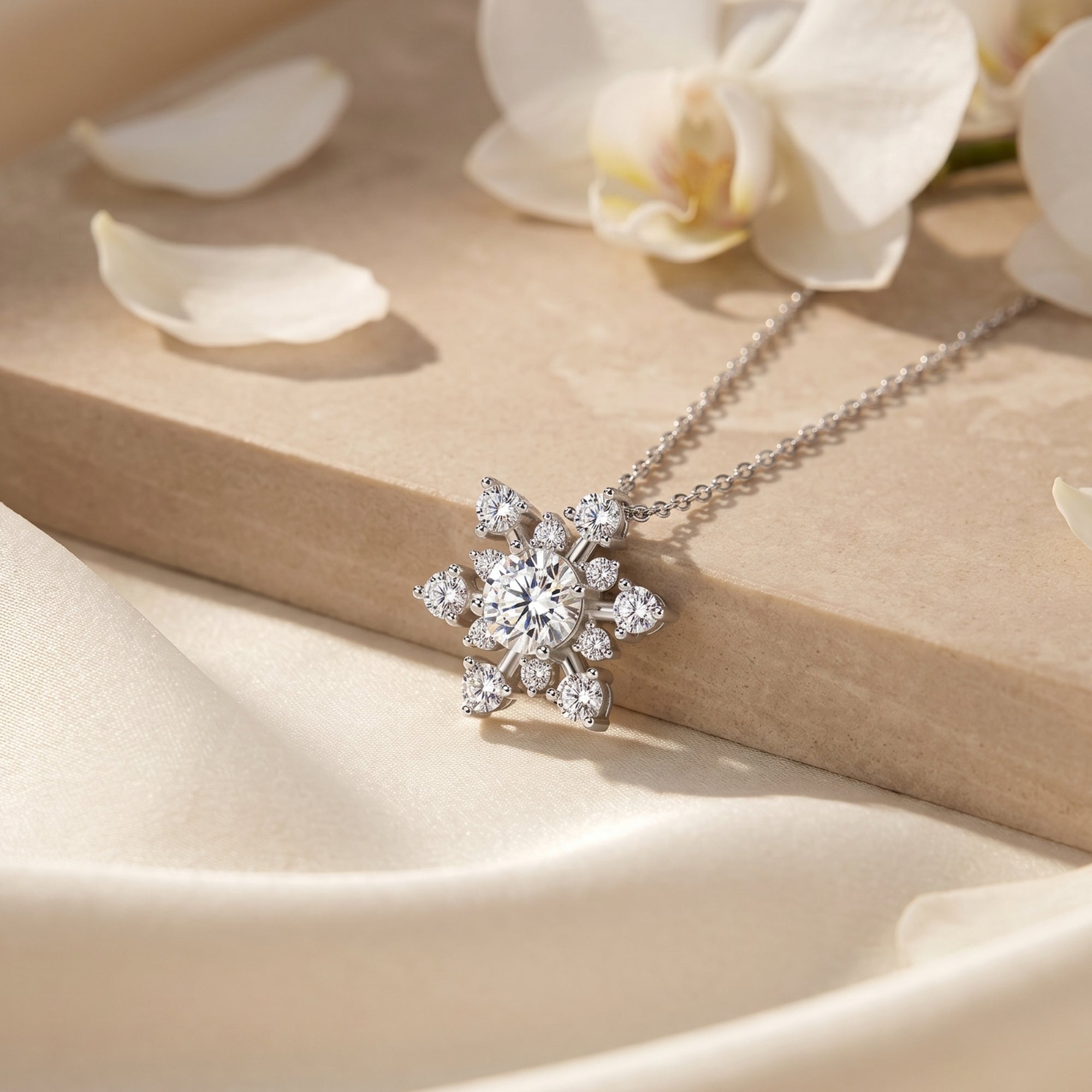 Silver snowflake pendant with round moissanite stones styled on a neutral stone surface.