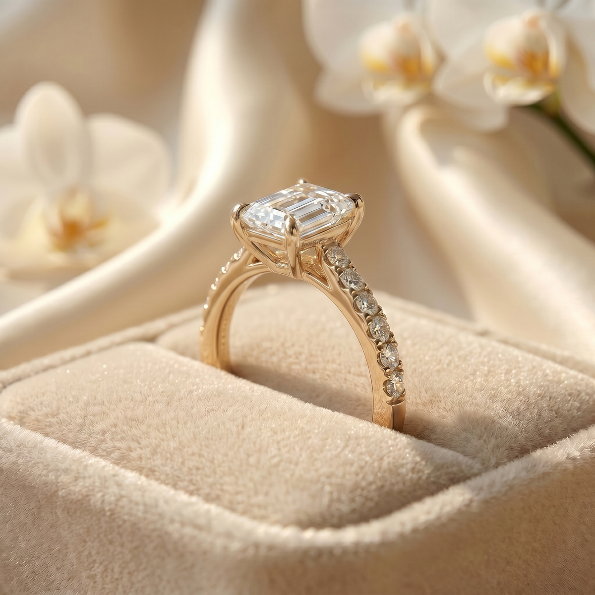 Profile view of a yellow gold emerald cut moissanite ring nestled in a beige velvet ring box.