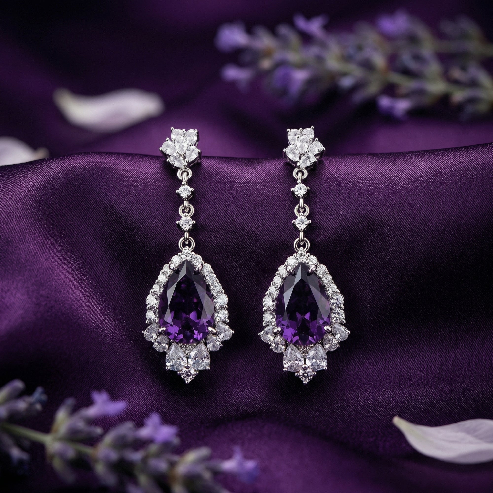 Detailed front view of pear cut natural amethyst drop earrings in S925 sterling silver on purple fabric.