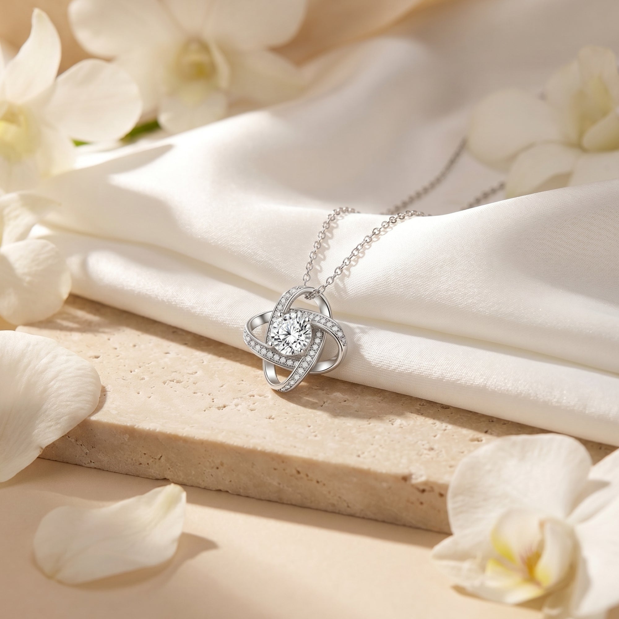 Sterling silver interlocking knot necklace with round moissanite on white silk and flowers.