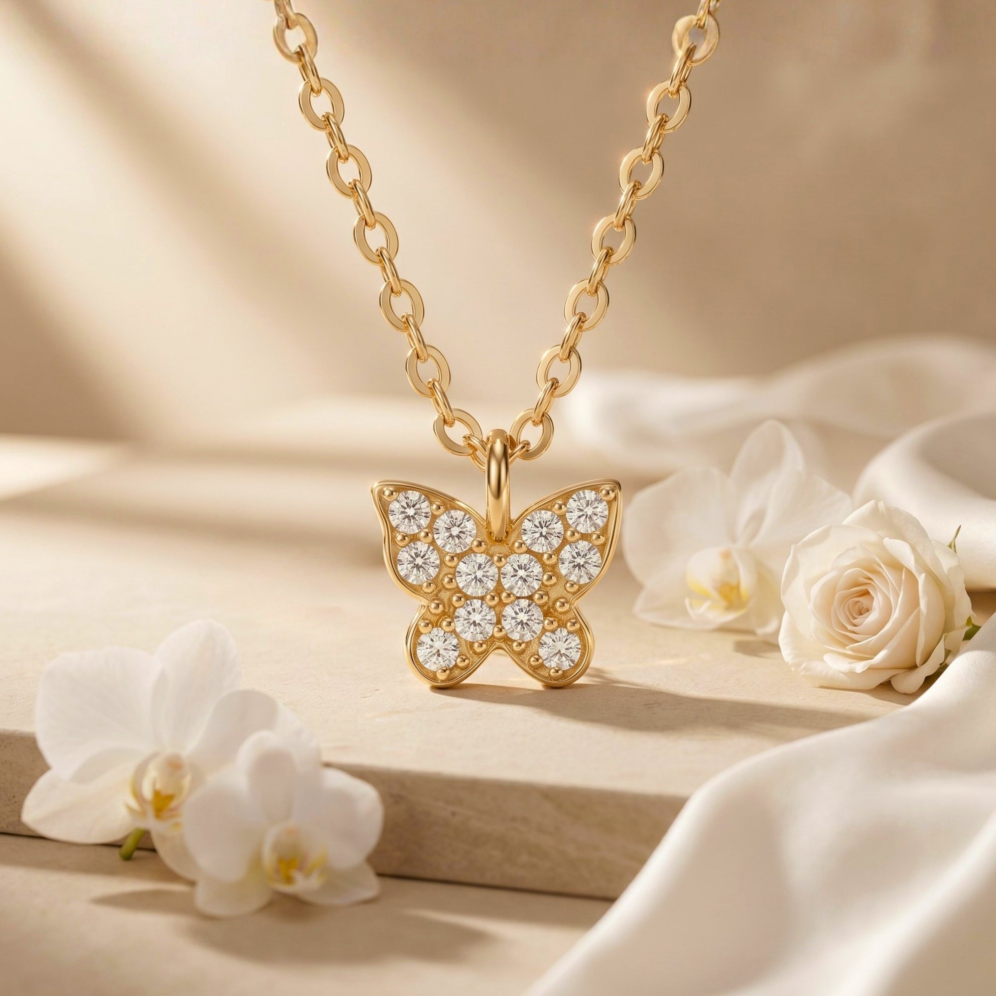Gold butterfly pendant featuring round moissanite stones, displayed with white orchids and fabric.