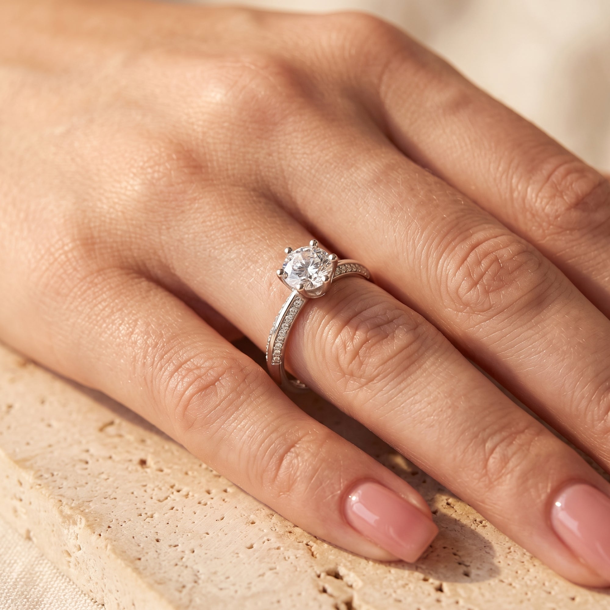 Top view of the sterling silver round simulated diamond solitaire ring on a model's hand.