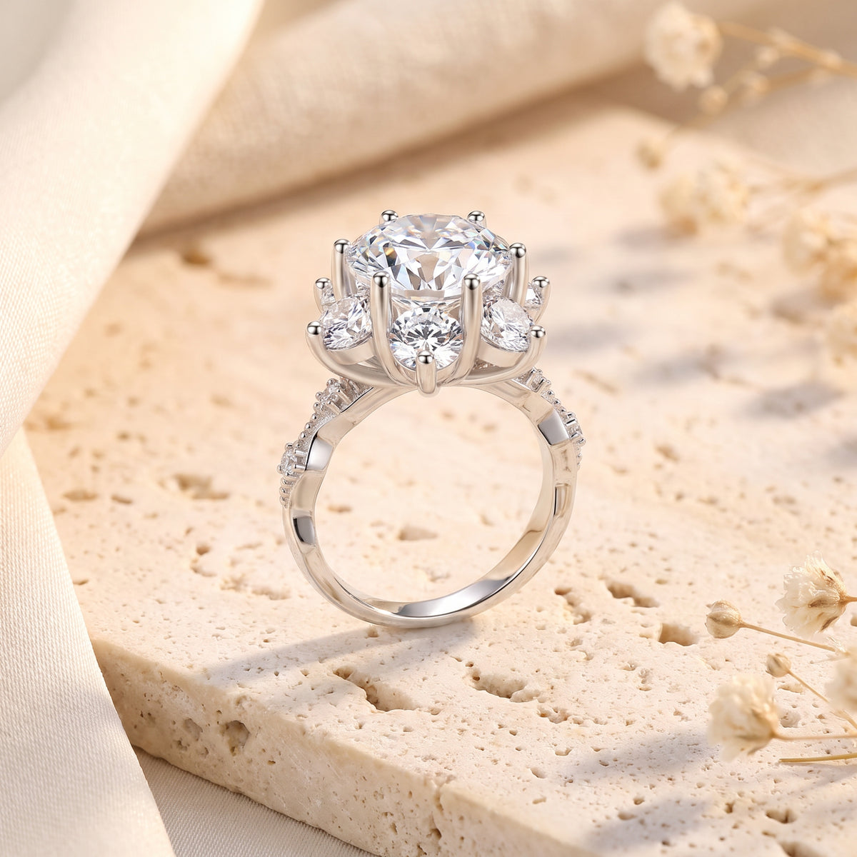 Profile of Roselita sterling silver ring showing the elevated flower setting and round simulated diamond.