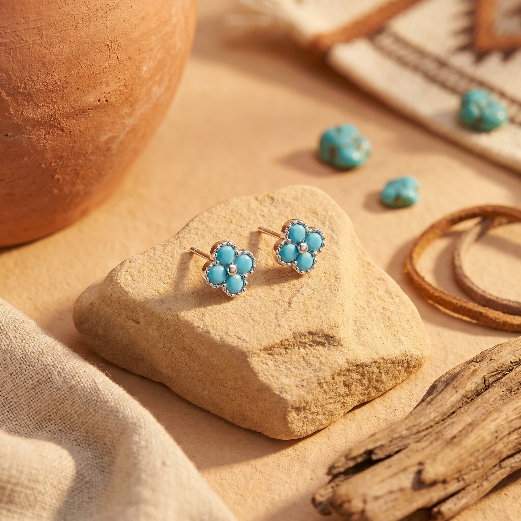 Sterling silver clover stud earrings with turquoise cabochons displayed on a natural stone in a desert setting.
