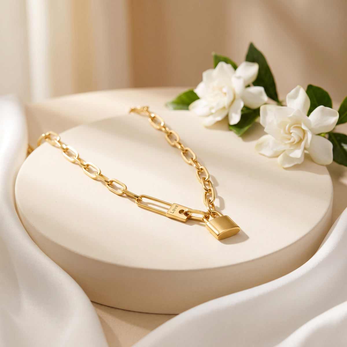 Gold-tone paperclip chain necklace with “Love” padlock pendant arranged on a round display pedestal beside white flowers.