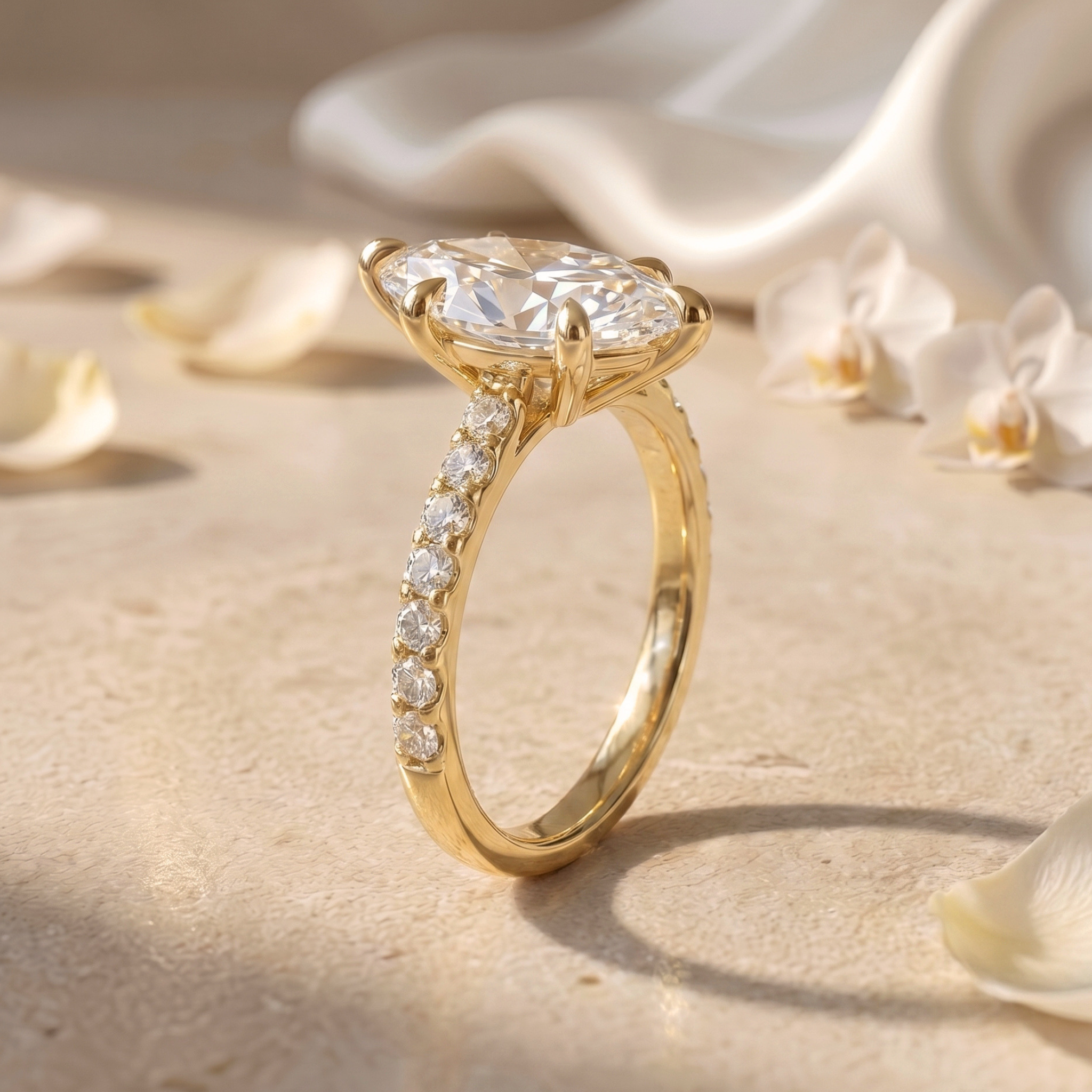Side profile view of a yellow gold marquise-cut moissanite ring showcasing the high setting and pave band.