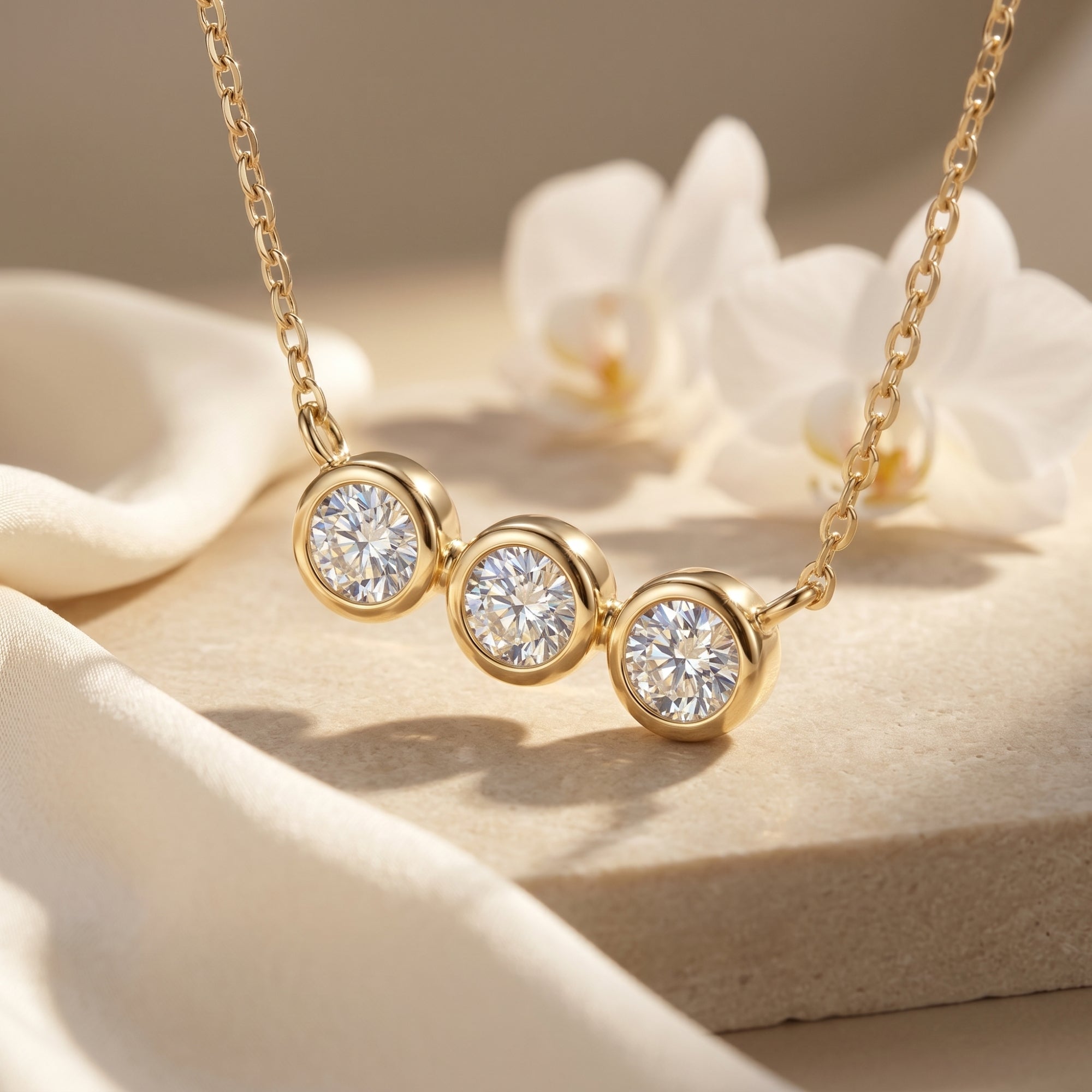 Yellow gold three-stone moissanite bezel pendant necklace on a lifestyle floral background.