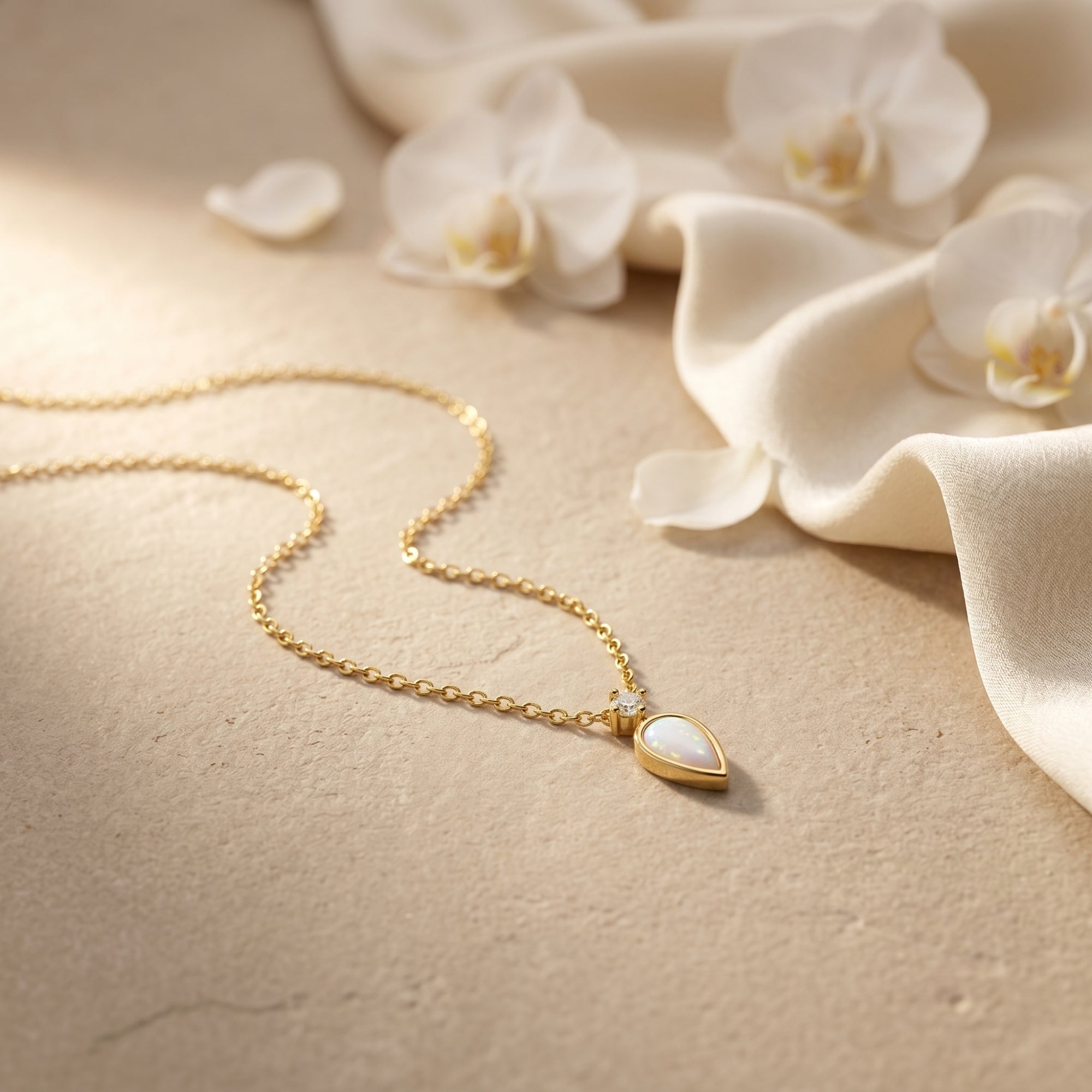 Gold teardrop white opal necklace with diamond accent displayed on textured fabric with flowers.