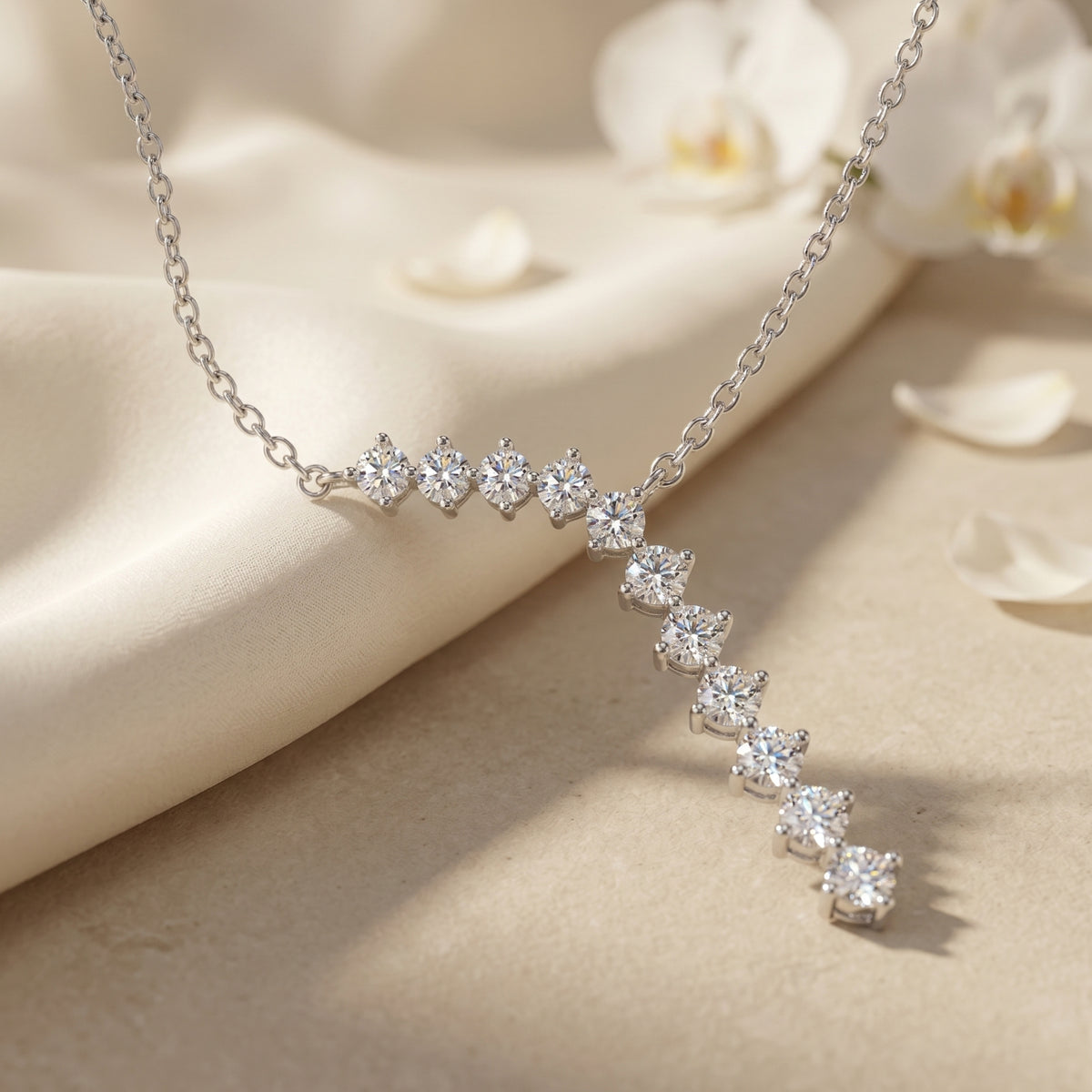 Silver curved drop necklace with round-cut moissanite stones displayed on soft silk fabric with petals.