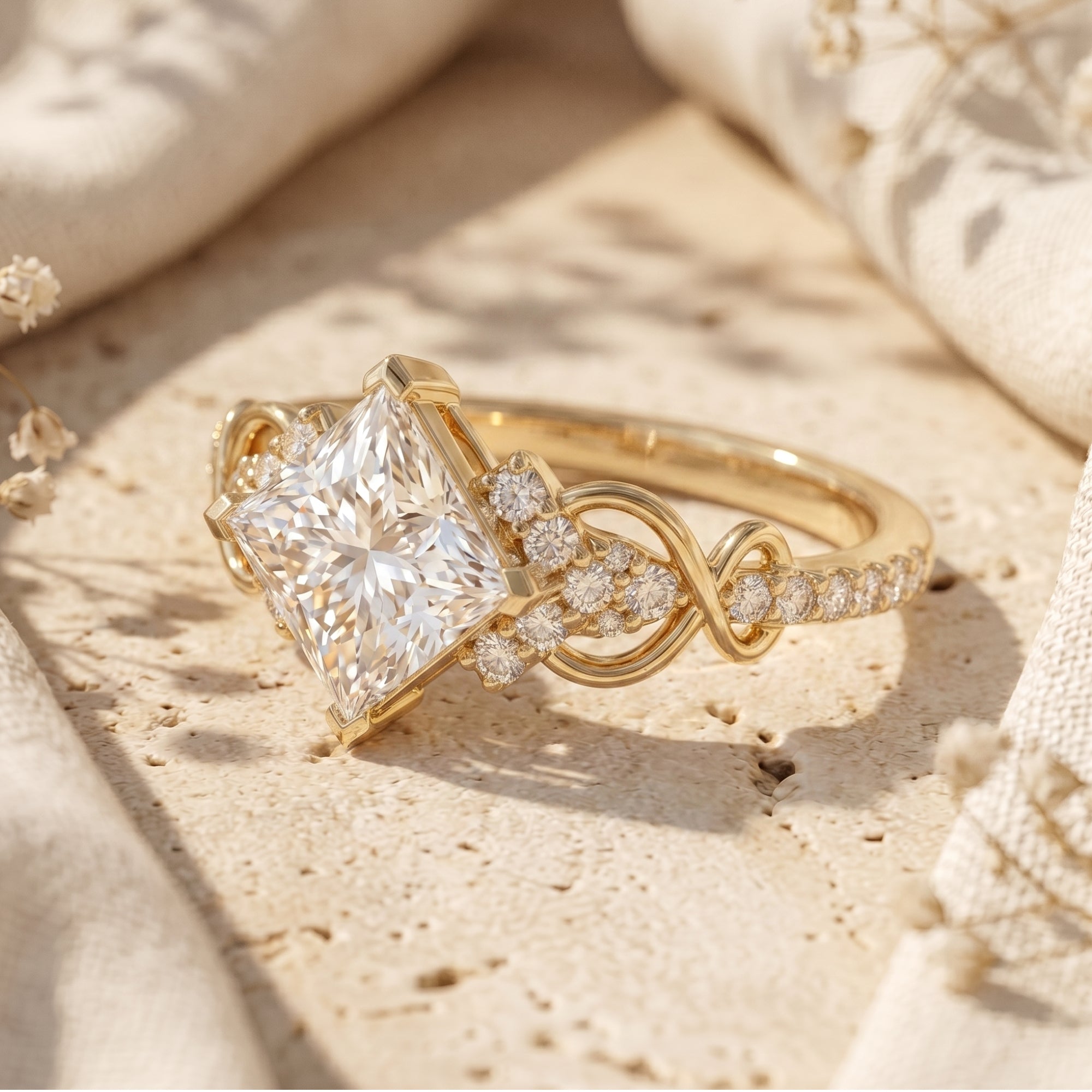 Macro view of a gold princess-cut moissanite ring showing the detailed side setting and pave-set accents.