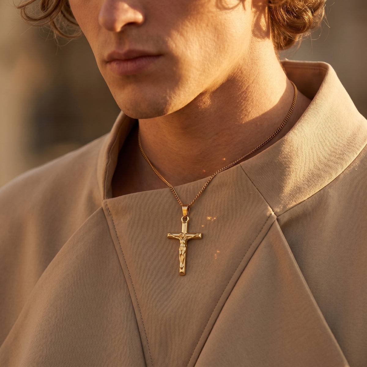 Close-up of a person wearing a gold crucifix pendant necklace over a tan collared shirt.