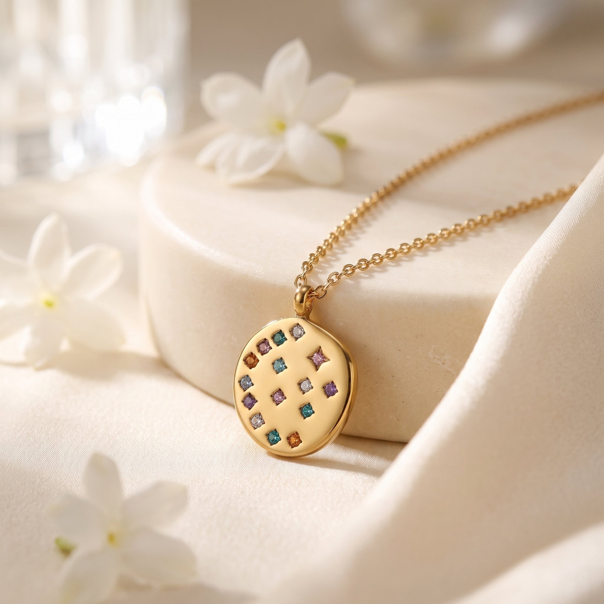 Close-up of the 18K gold Astraline pendant showing square and star-cut multi-color CZ stones in a constellation.