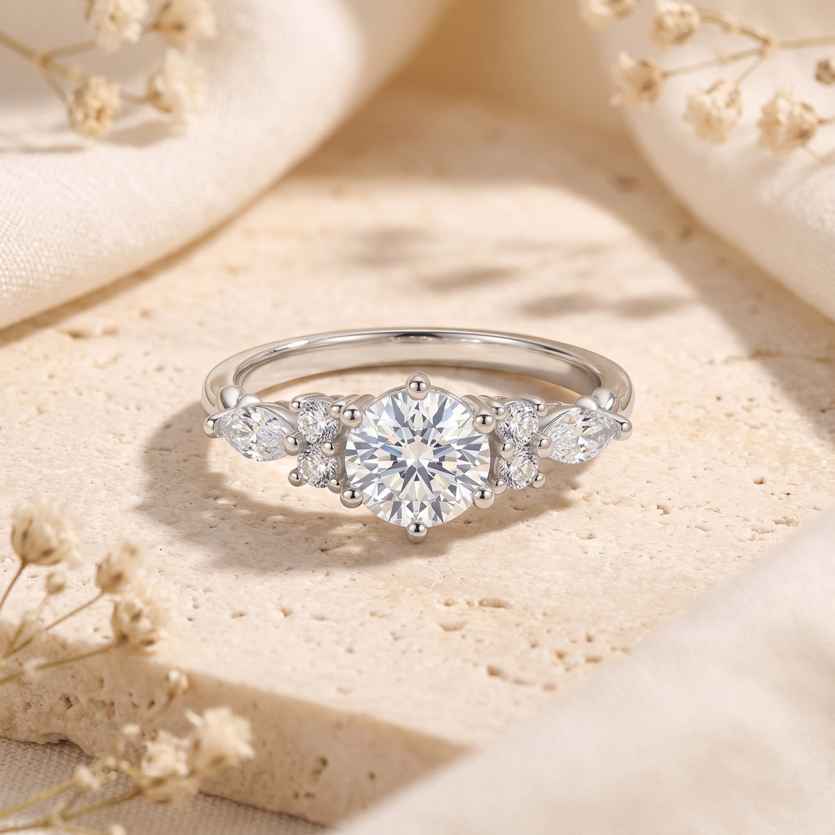 Front view of The Carlotta Ring, a solid gold ring with a round center simulated diamond and marquise-cut simulated diamonds.
