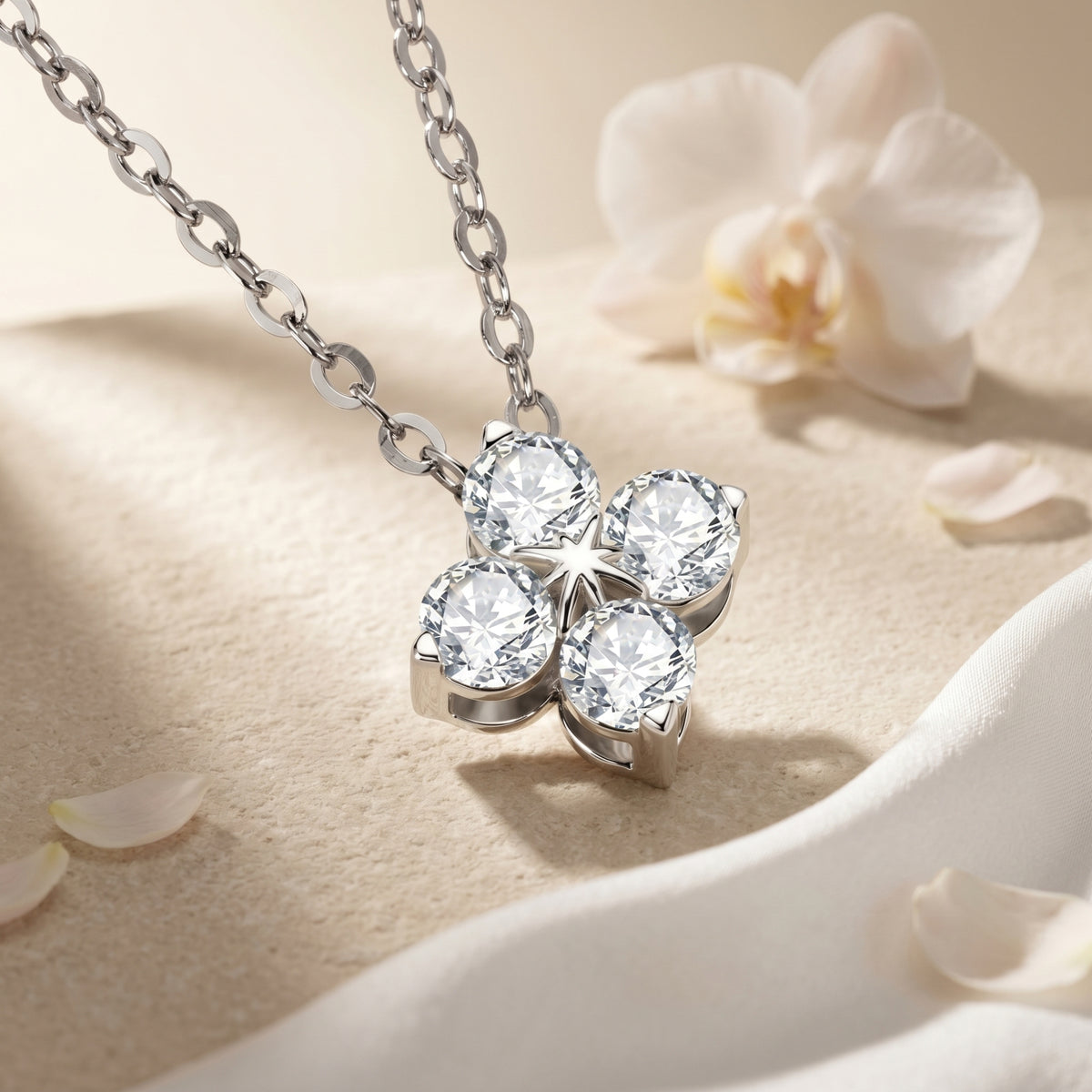 Macro view of silver flower pendant with four round-cut moissanite stones and link chain.