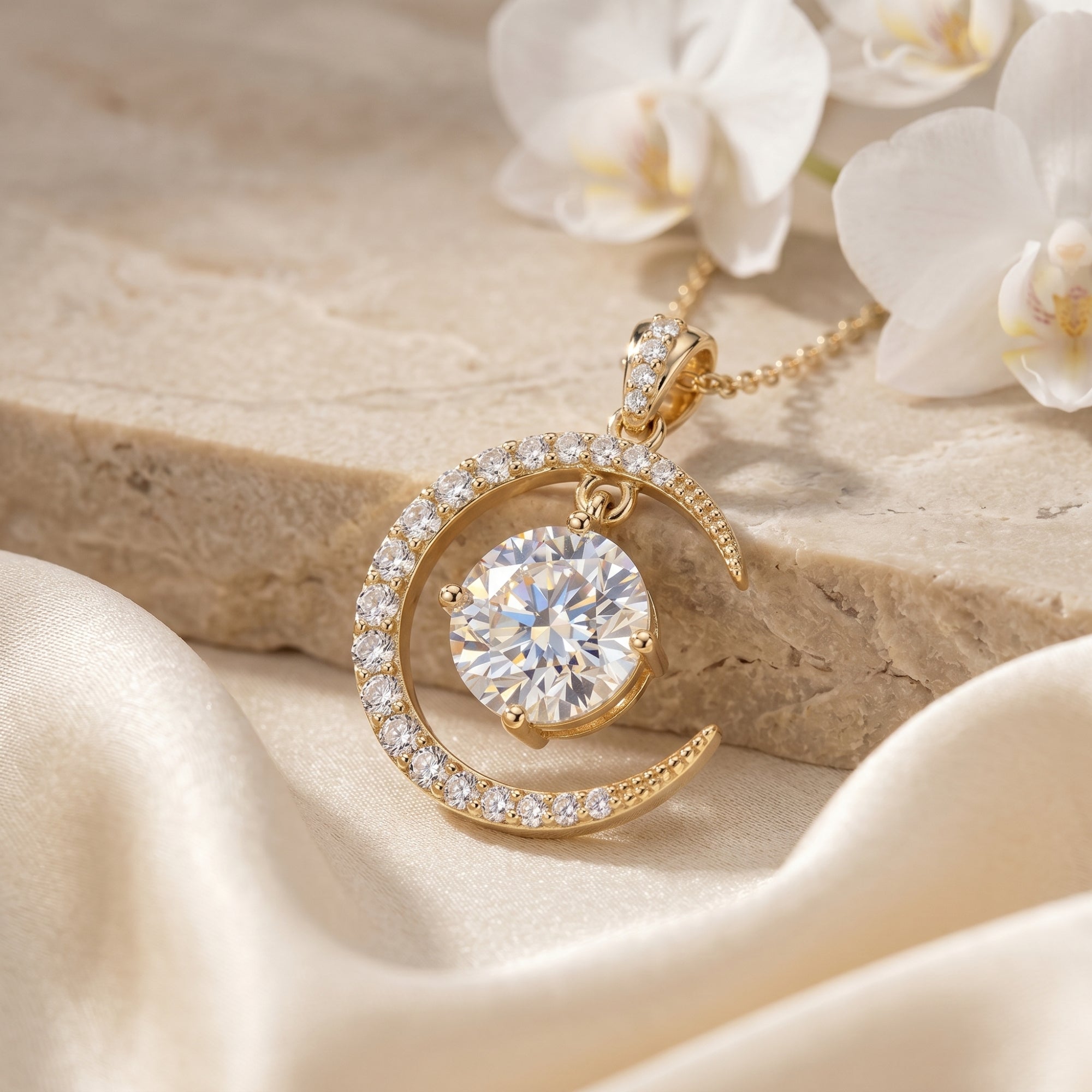 Gold moissanite crescent moon necklace with round cut center stone on stone surface.