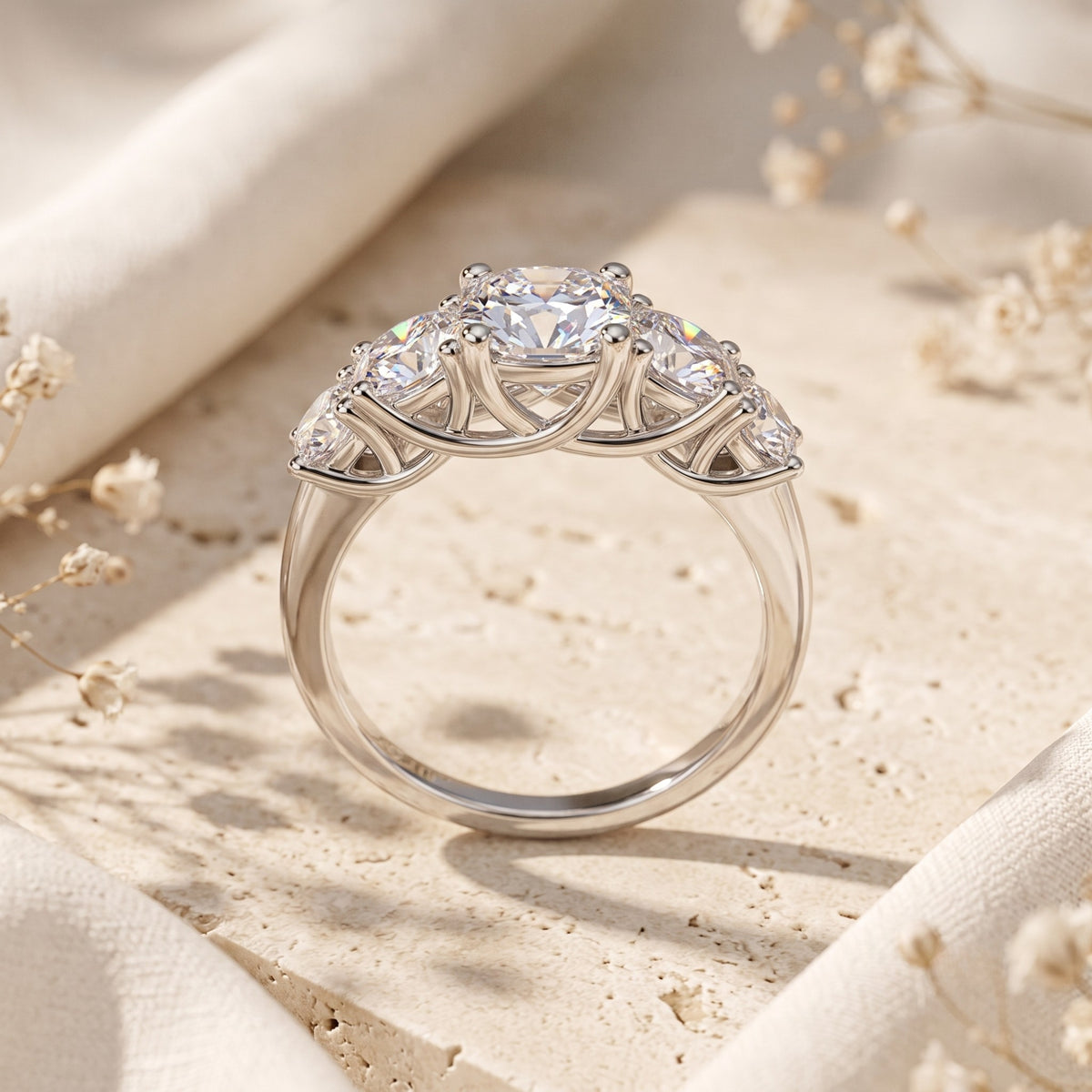 Rear view of the silver five-stone ring showing arched basket settings beneath round clear stones.