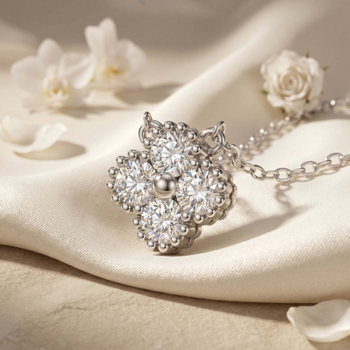 Silver clover pendant with round moissanite stones macro view.